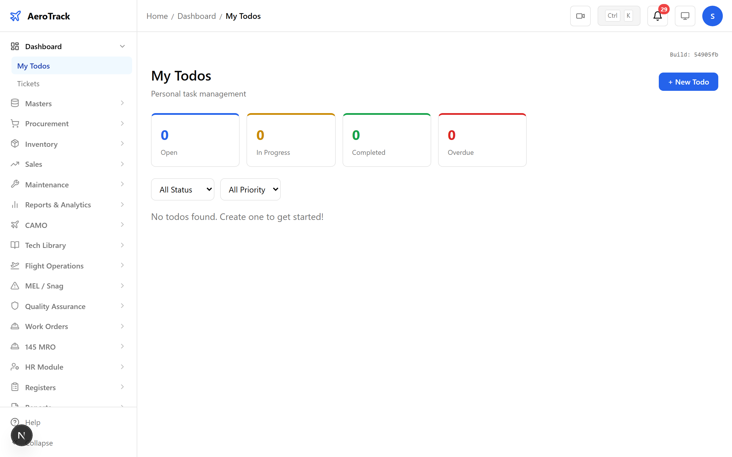 Admin dashboard with task overview and notification bell