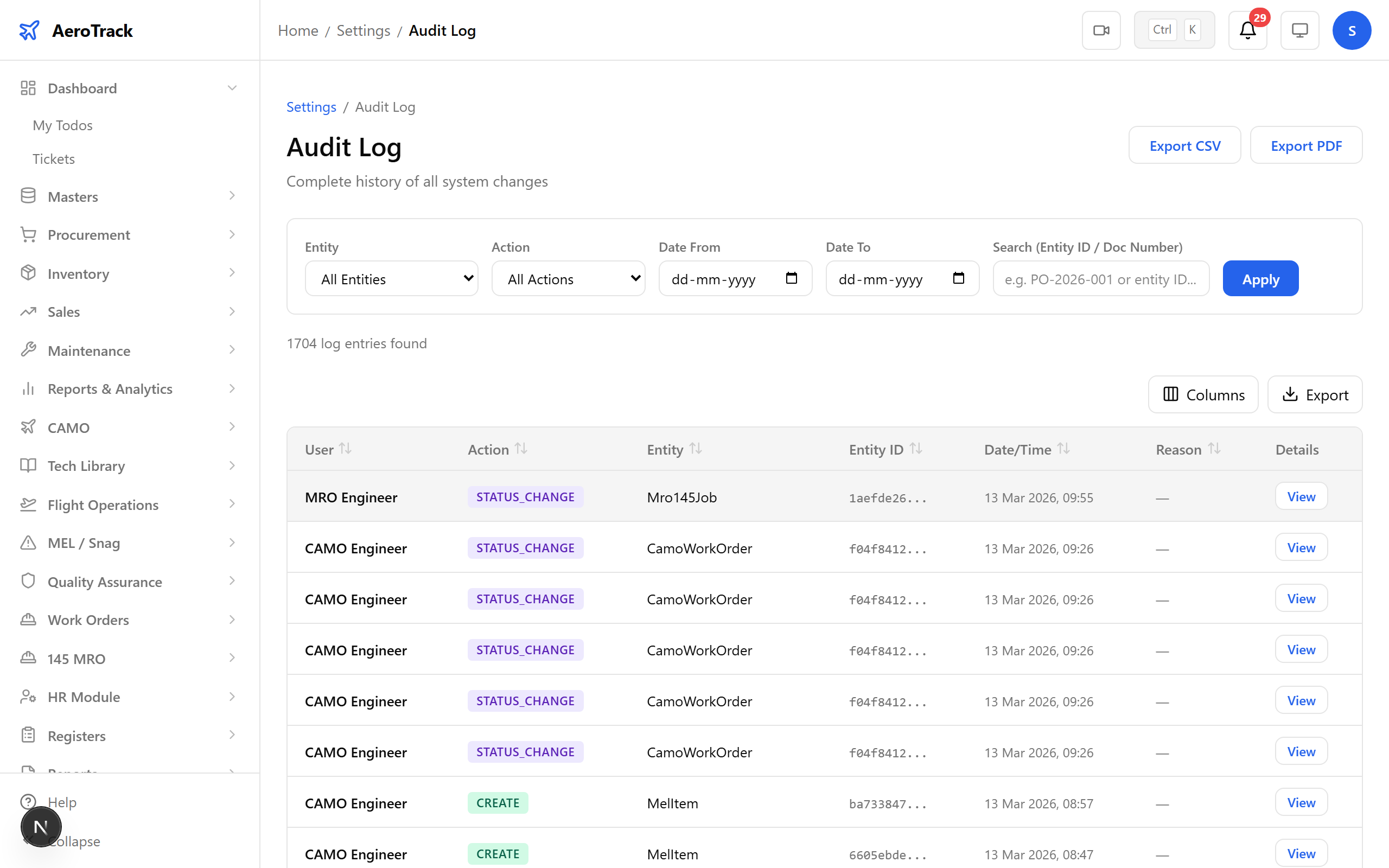 Audit log entry detail with before/after values