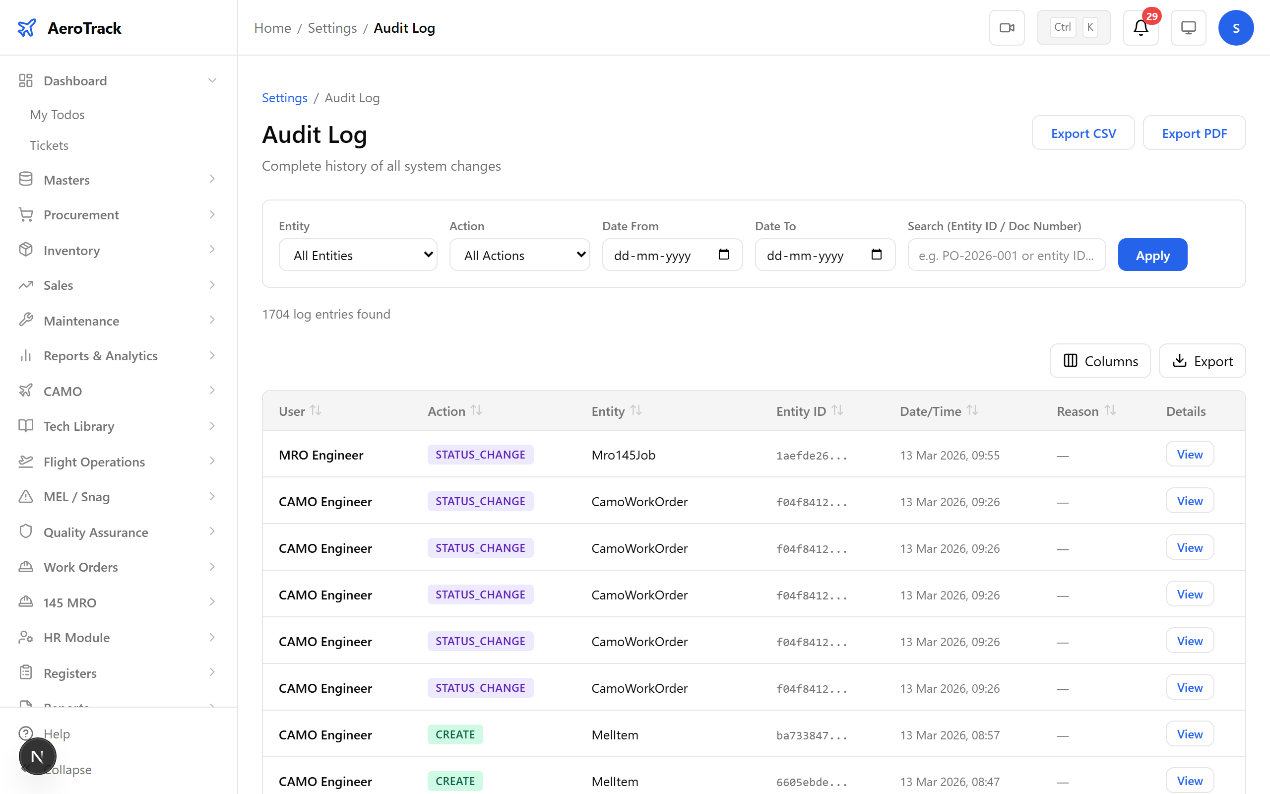 Audit log showing timestamped entries with user and action