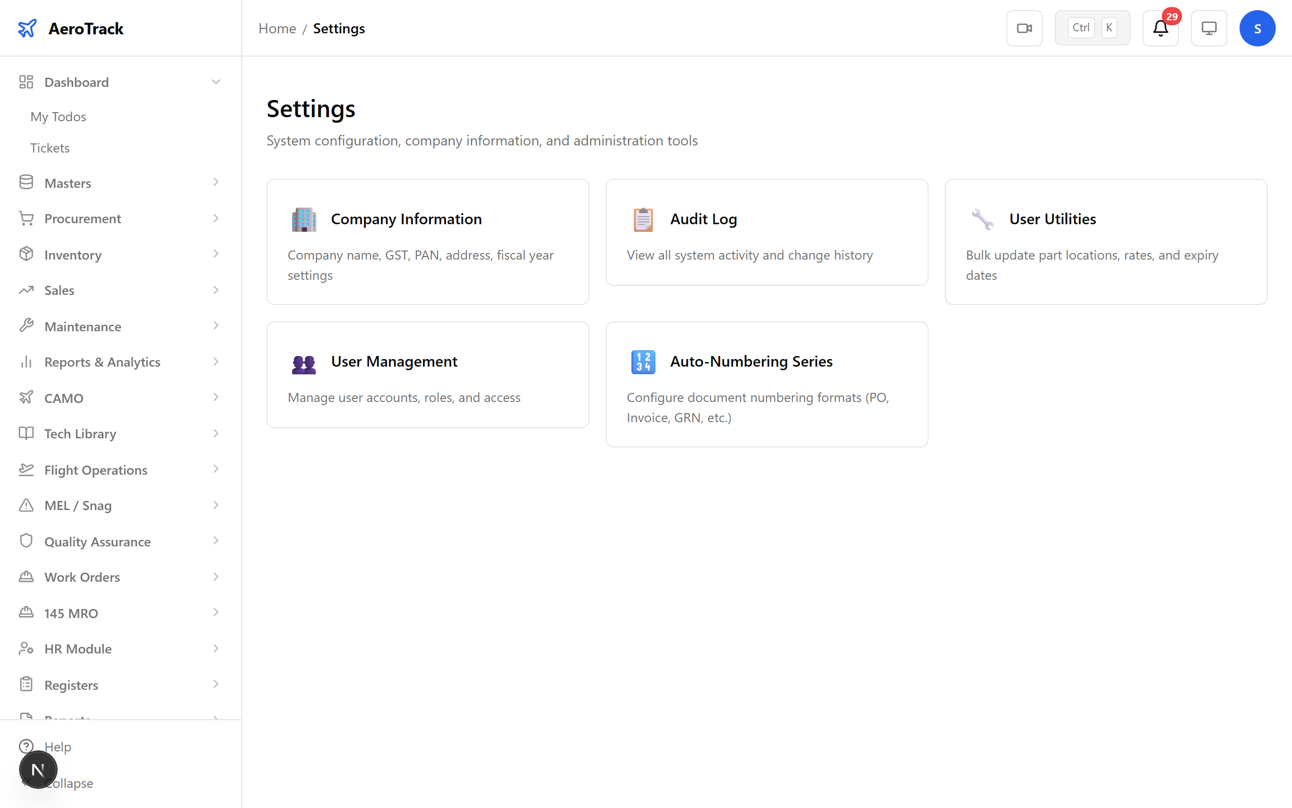 Settings landing page with admin menu options