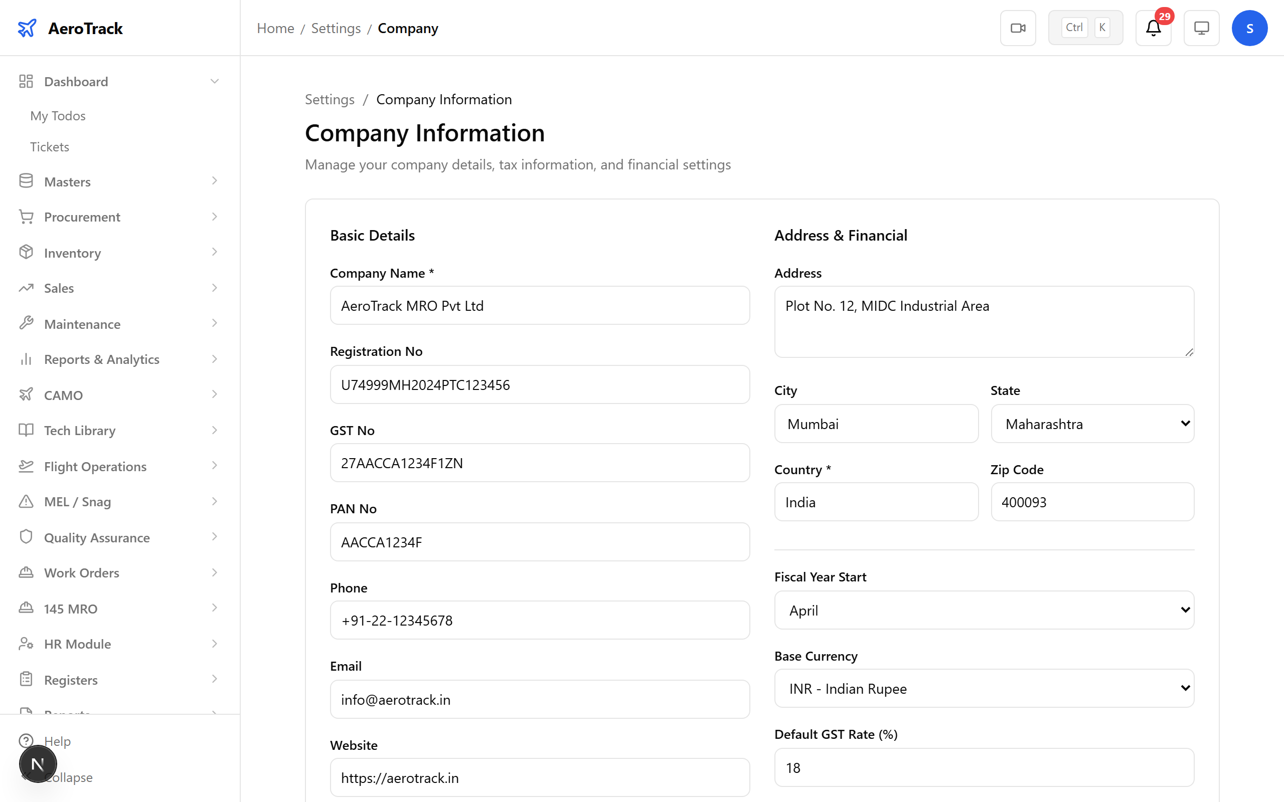 Company settings page with organisation details