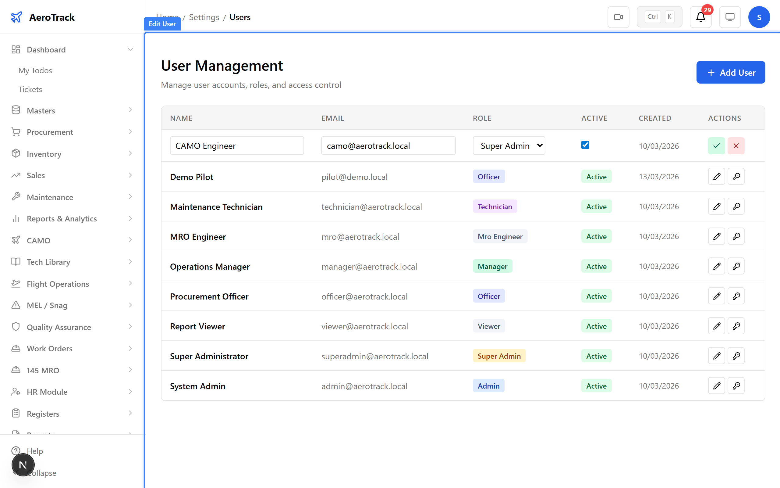 Inline edit mode showing editable fields in the first table row