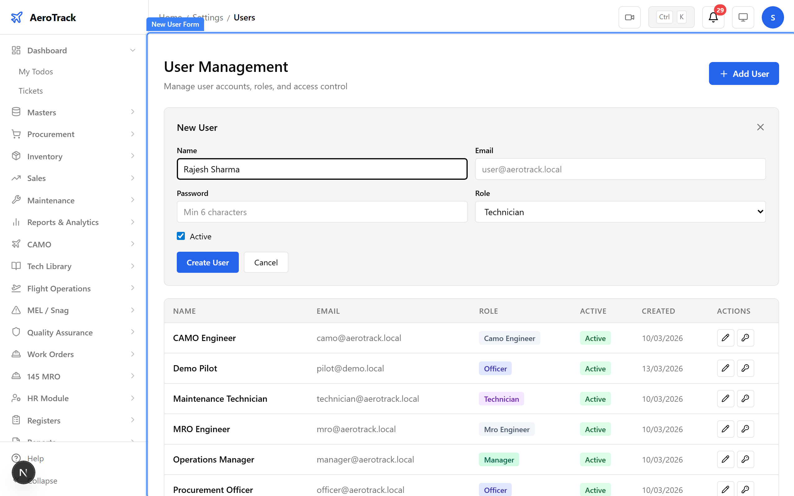 New user form with name, email, role, department, and status fields