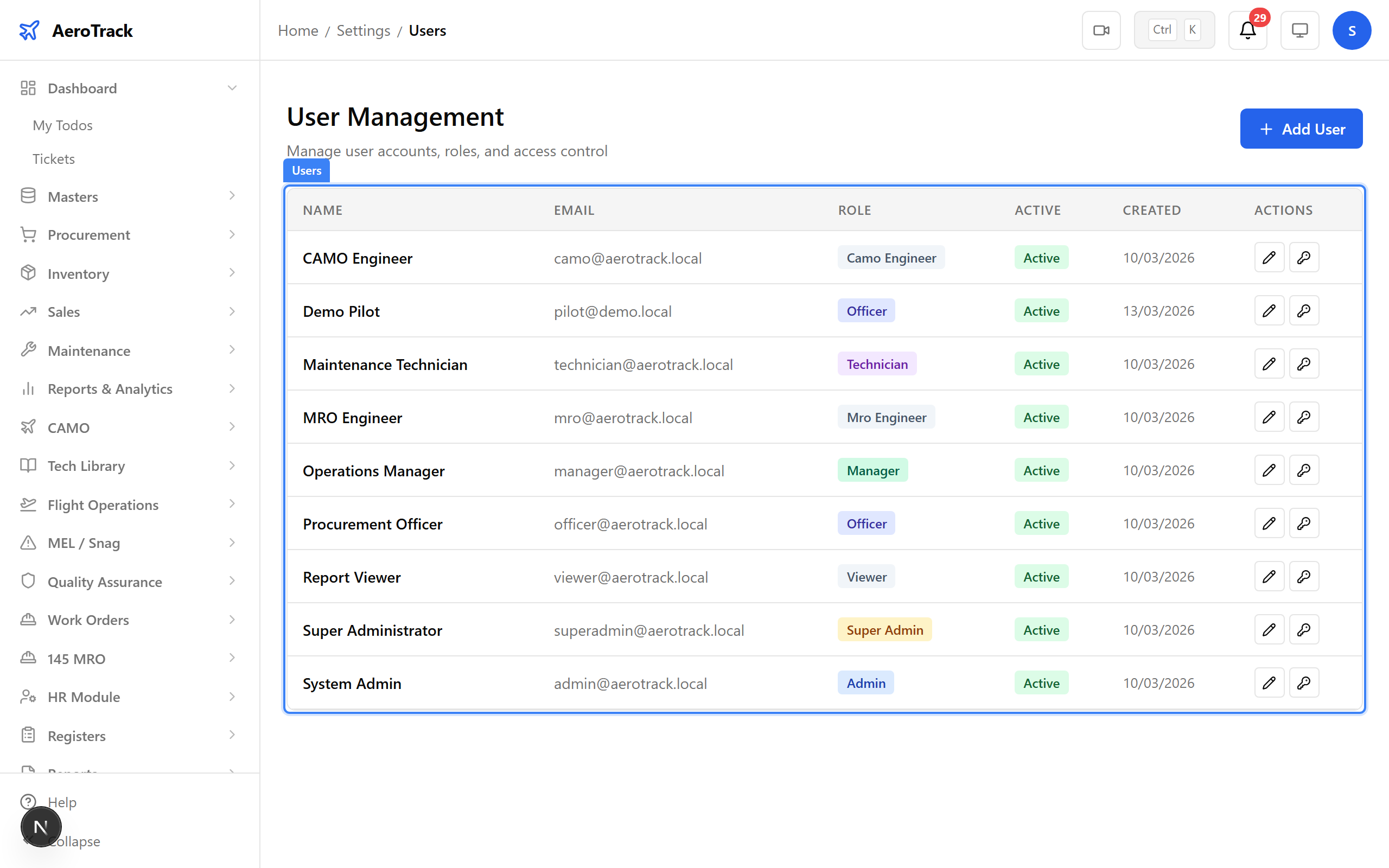 Users table showing all user accounts with role badges