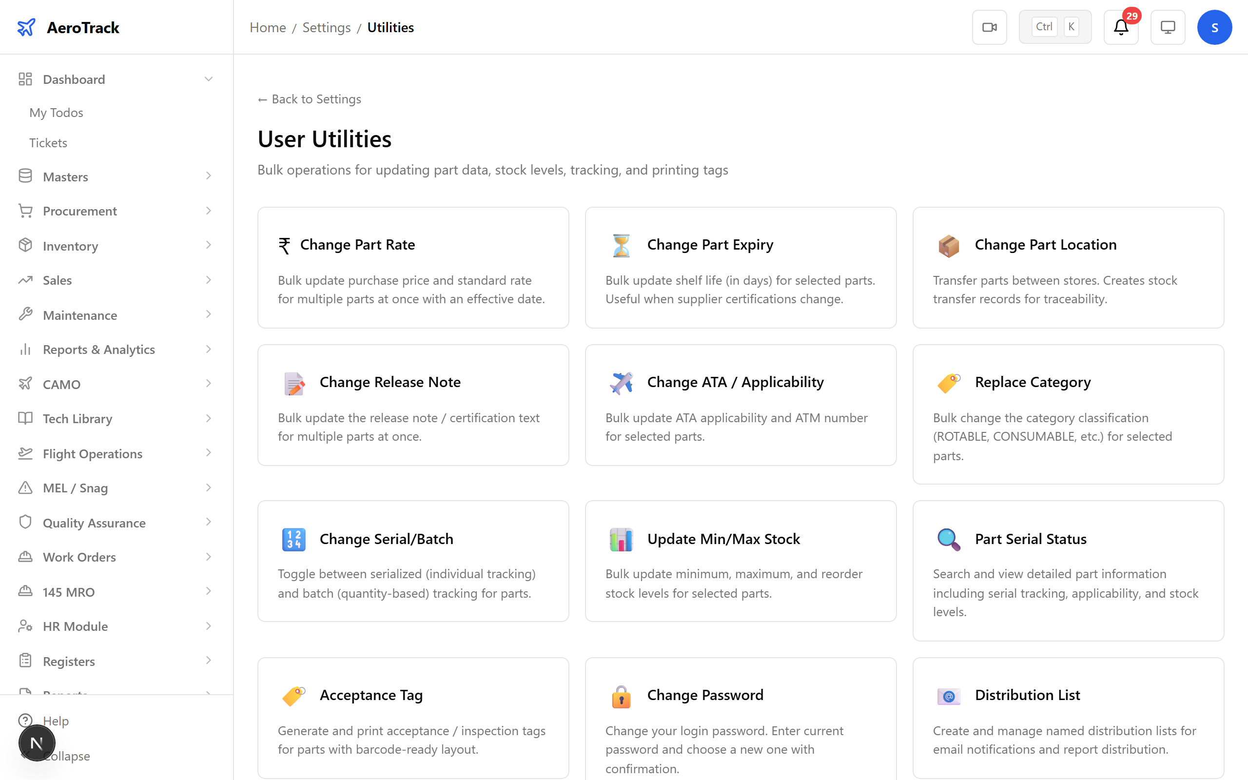 Utilities index page with available admin tools