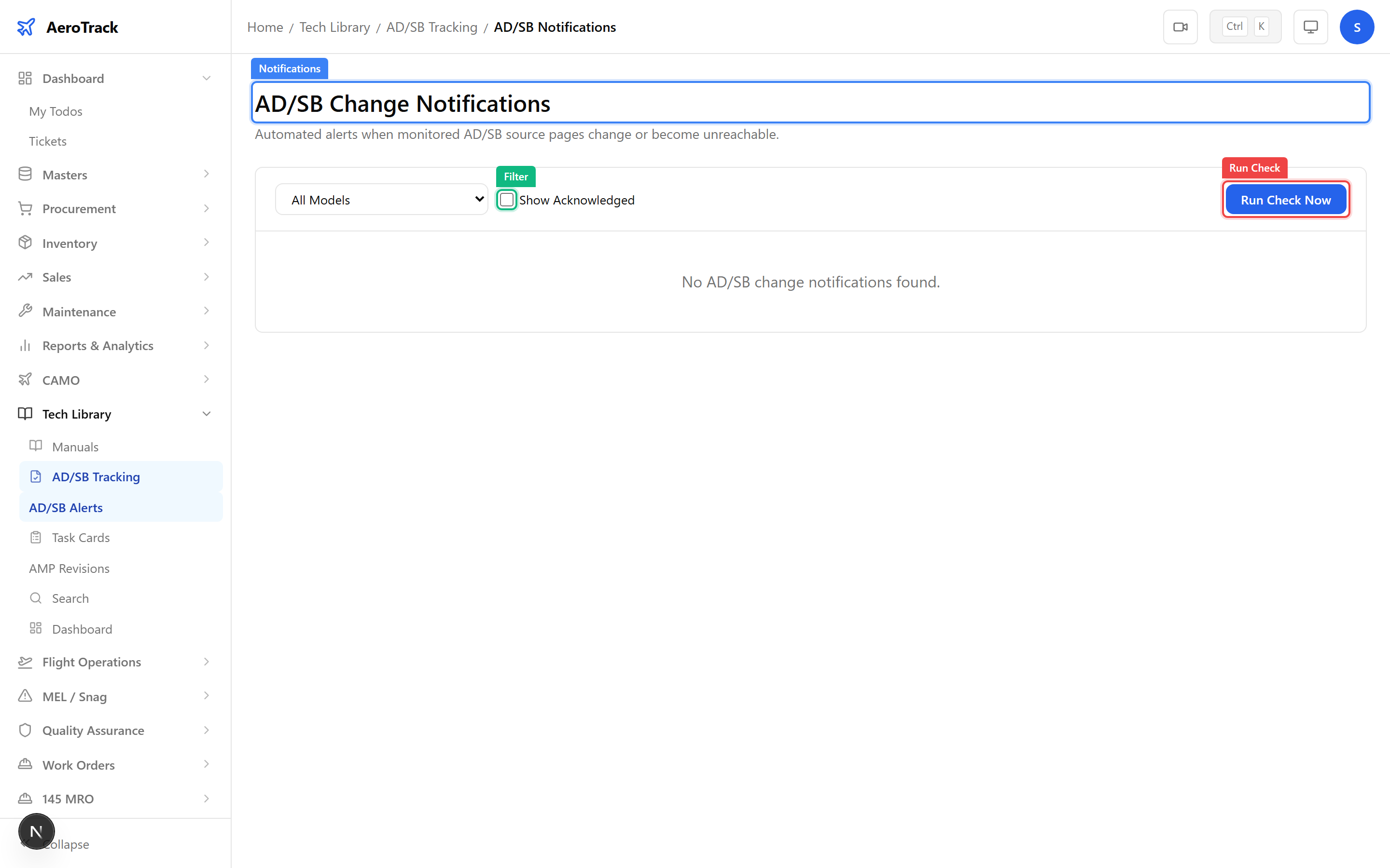 AD/SB Notifications page with Run Check button to trigger manual URL monitoring scan