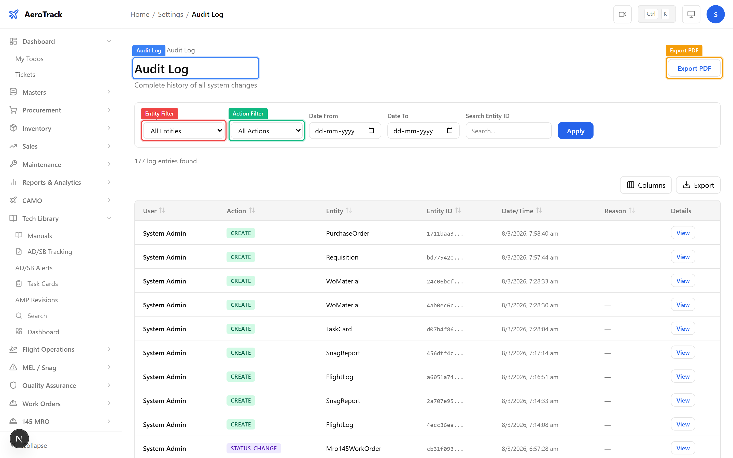 Audit Log showing automated calculation events with timestamps and user attribution