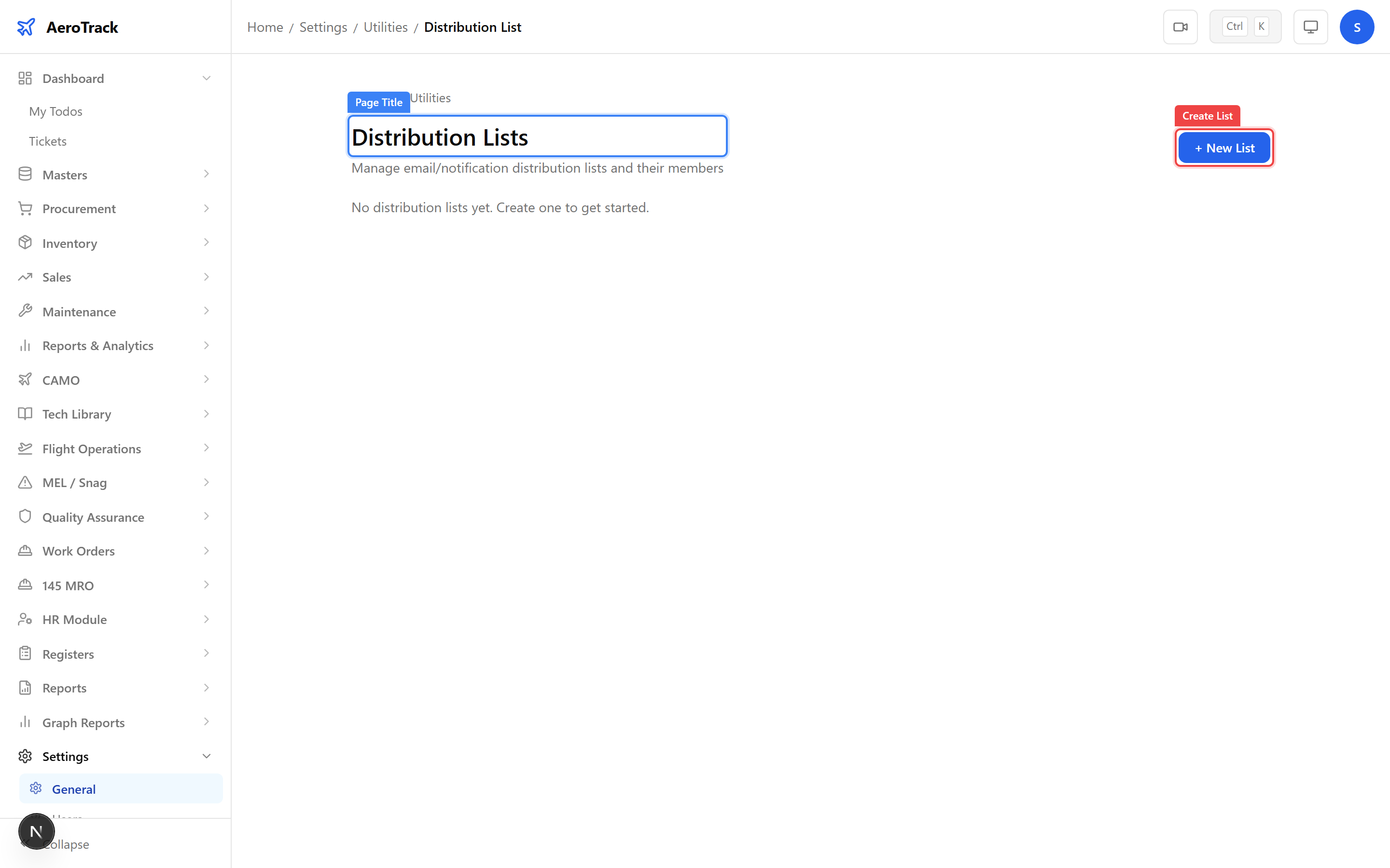 Distribution List page with create button and list of existing distribution groups