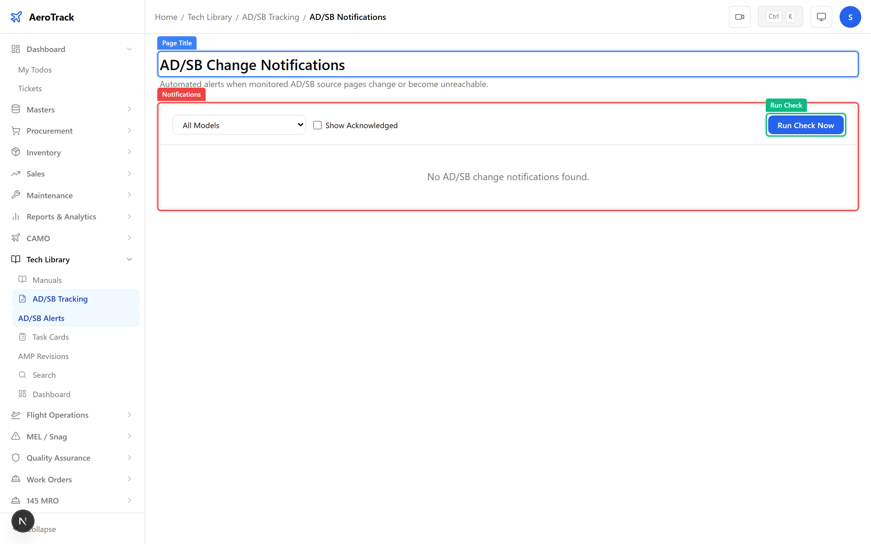 AD/SB Notifications table showing detected URL changes with severity badges and acknowledge buttons
