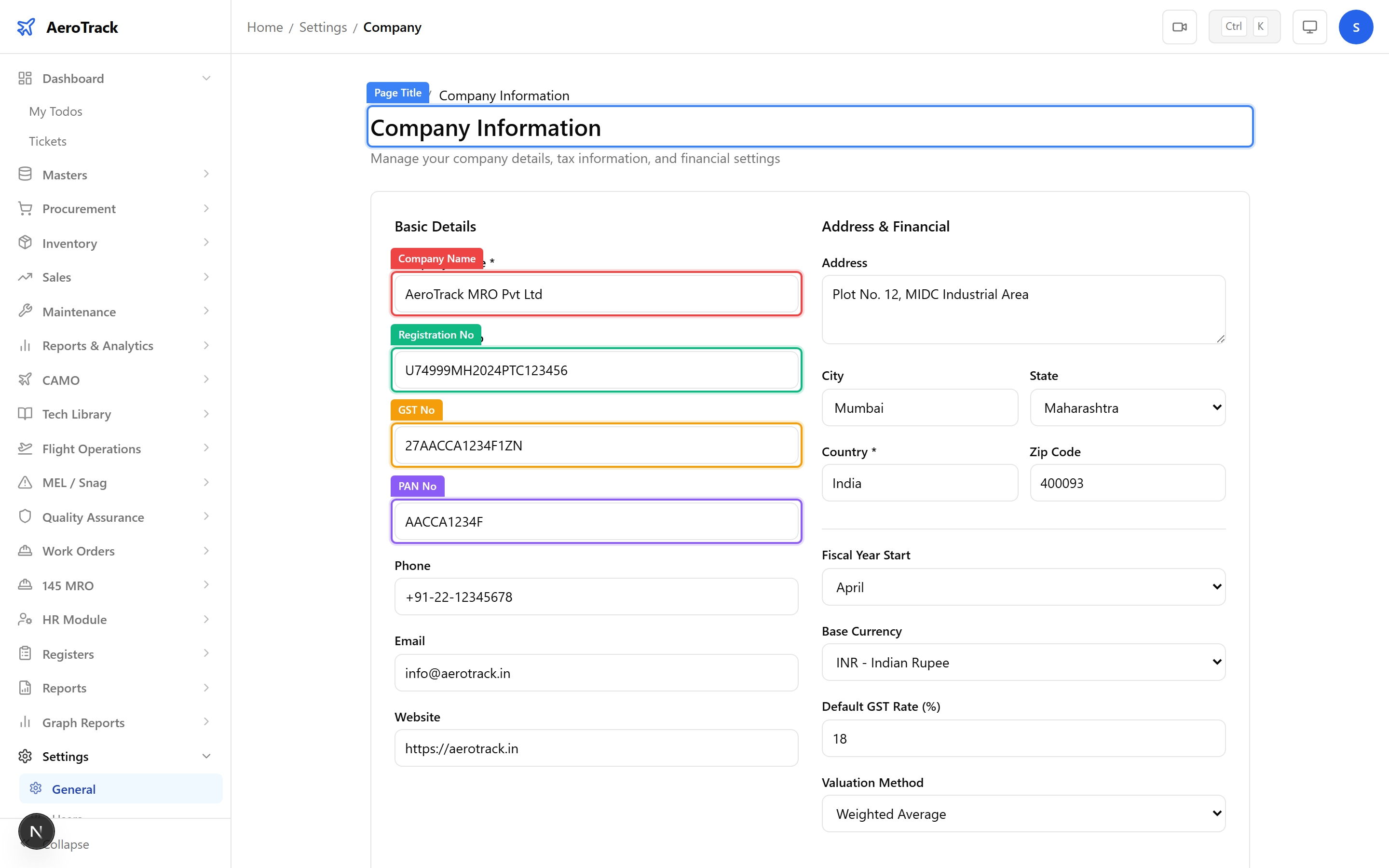 Company Profile form showing company name, registration number, GST, PAN, and contact fields