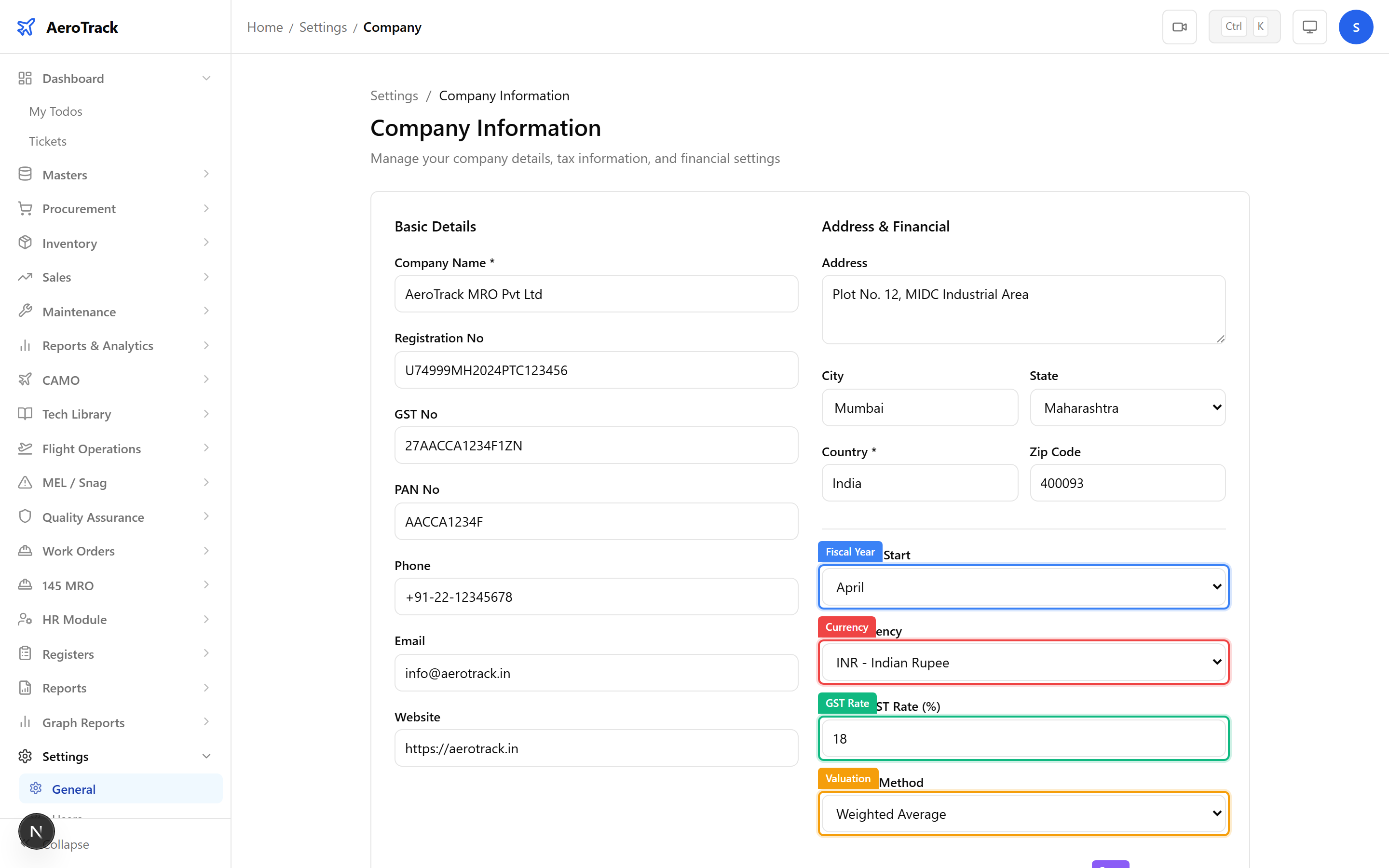 Financial settings section with fiscal year start, base currency, GST rate, and valuation method