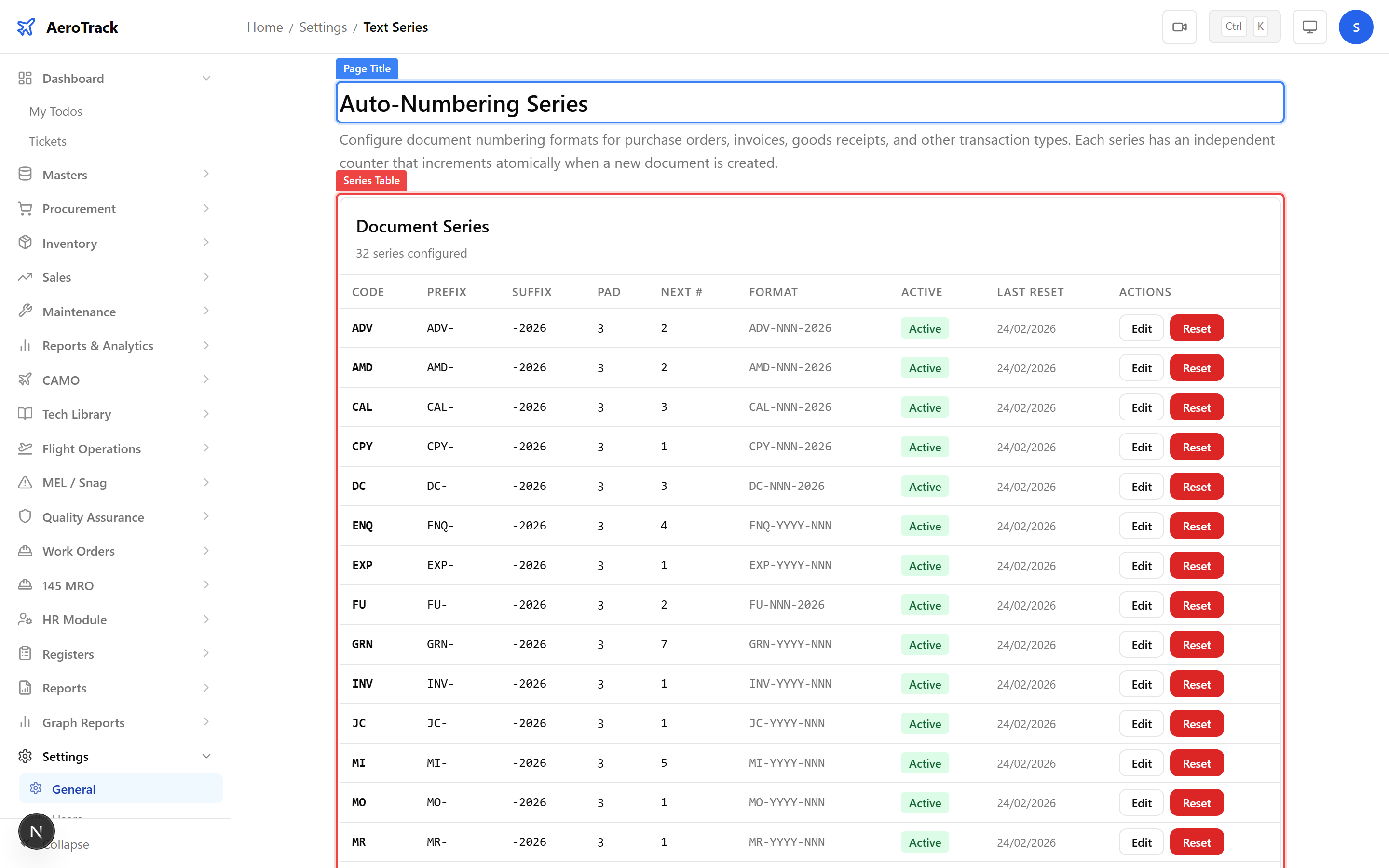 Text Series settings table with prefix, suffix, padding, and active status for each document type