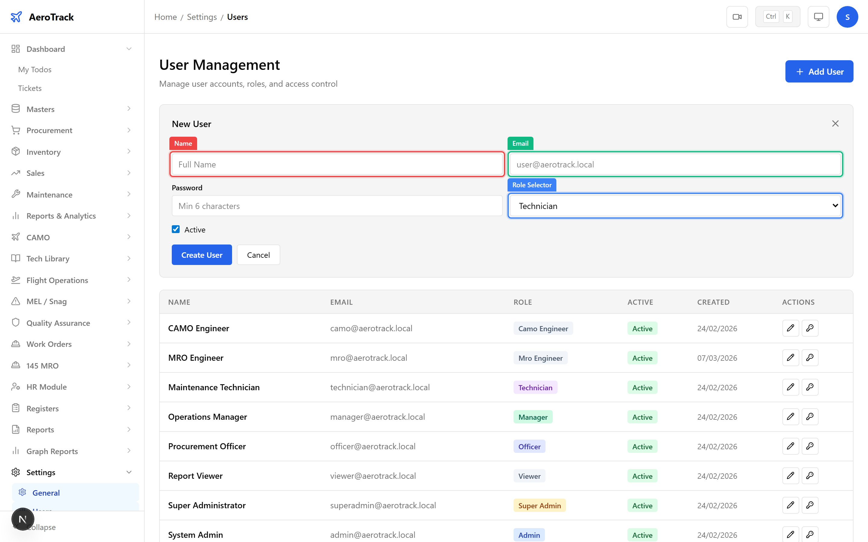 Role selector dropdown in the Add User form showing all 8 available roles