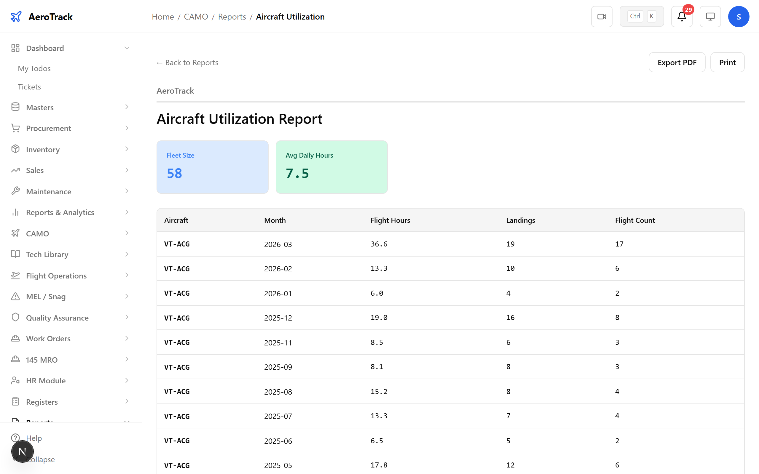 Aircraft Utilization report with filter panel highlighted