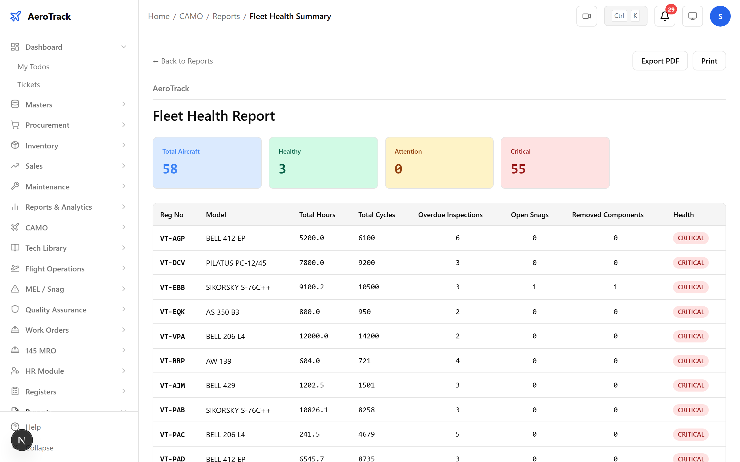 Fleet Health summary report