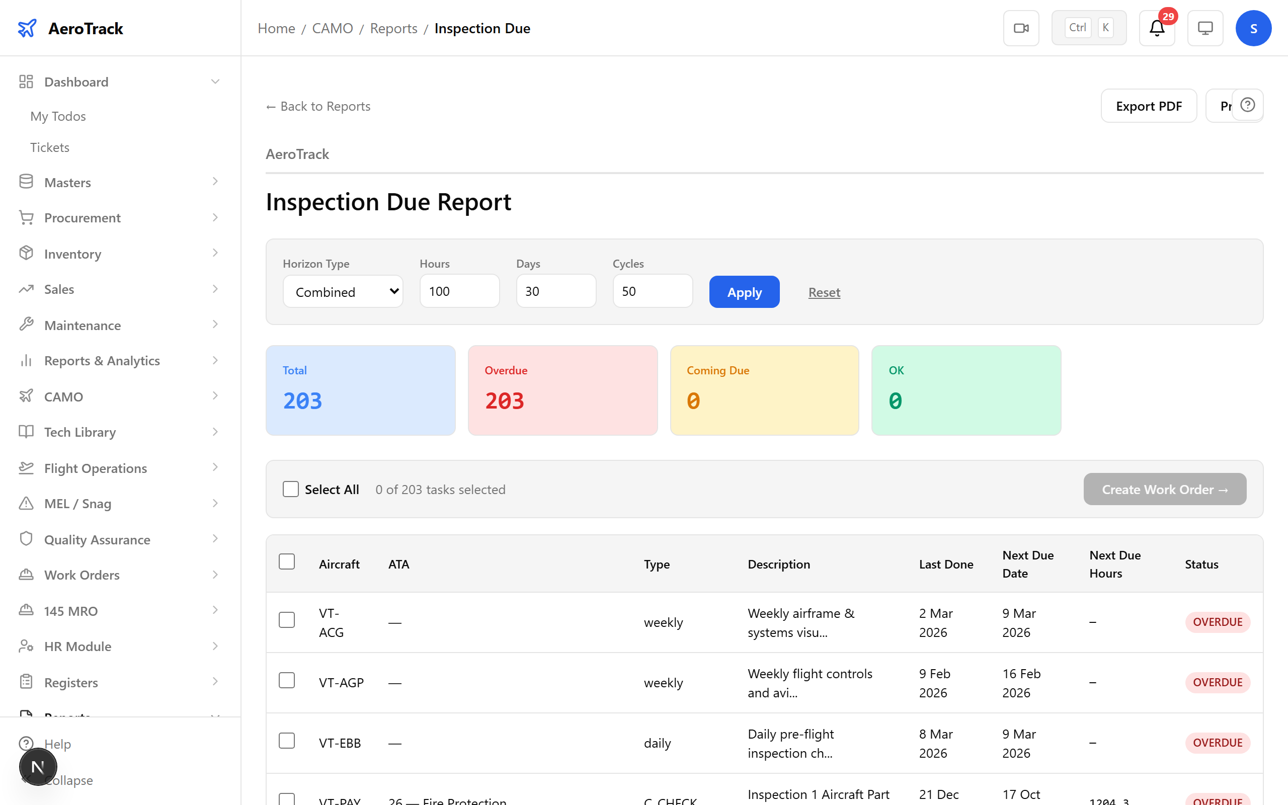 Inspection Due report showing upcoming inspections