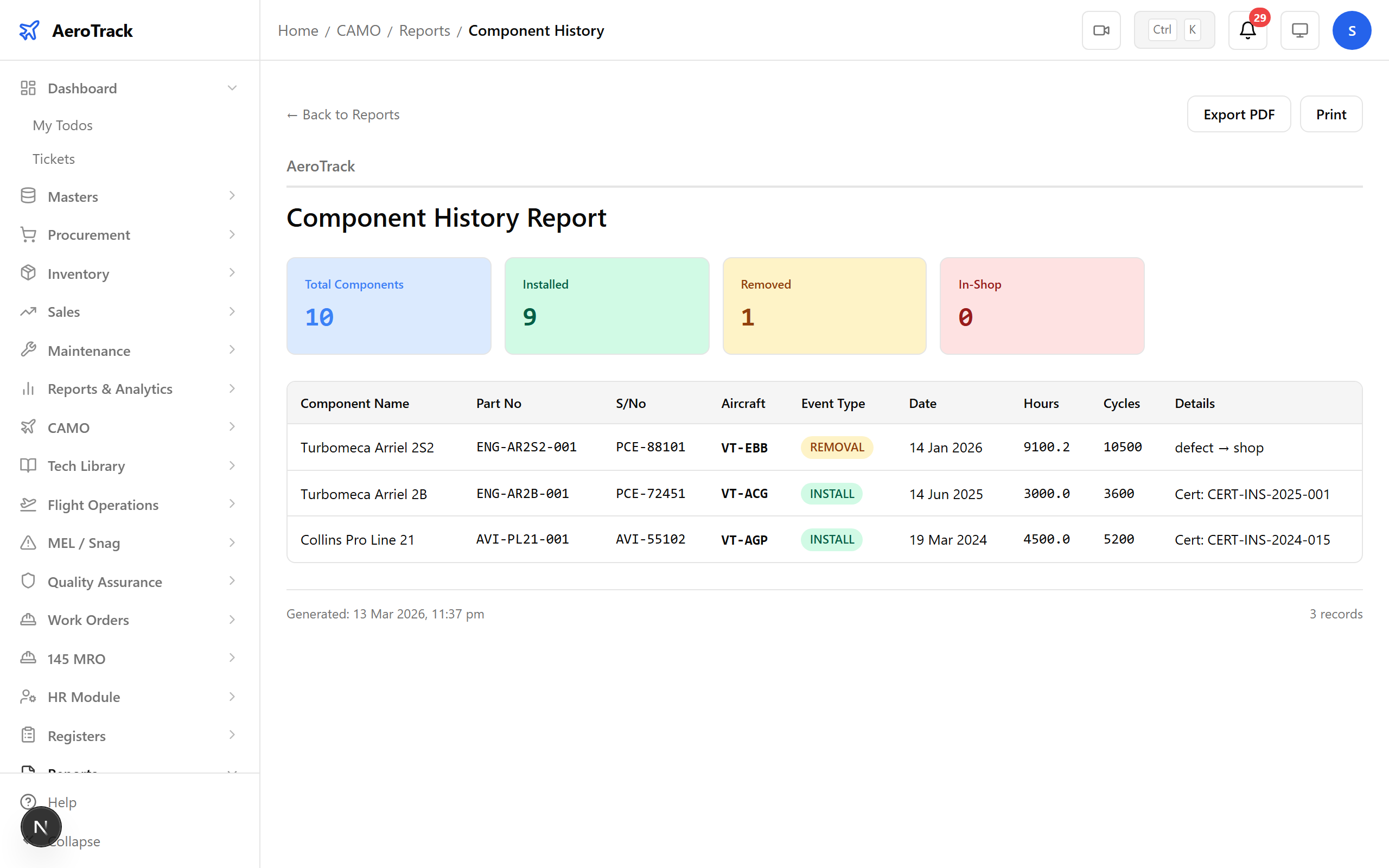 Component History report showing installation and removal events