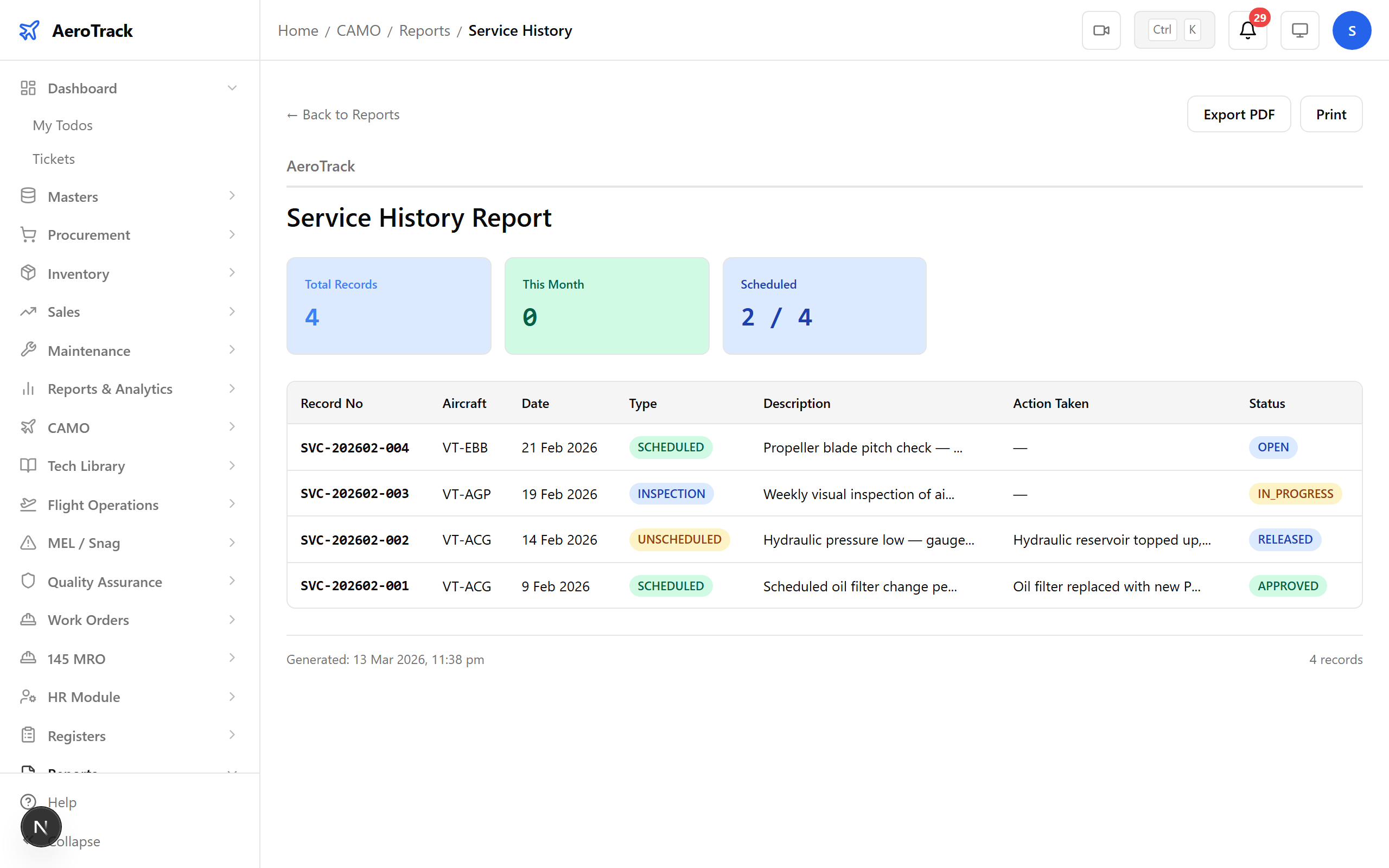 Service History report