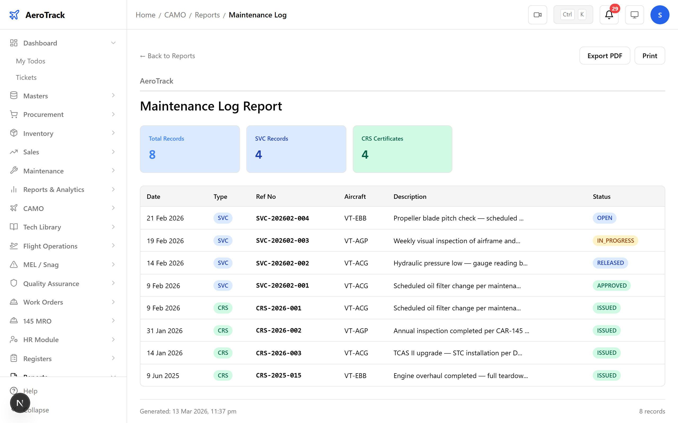 Maintenance Log report with maintenance records