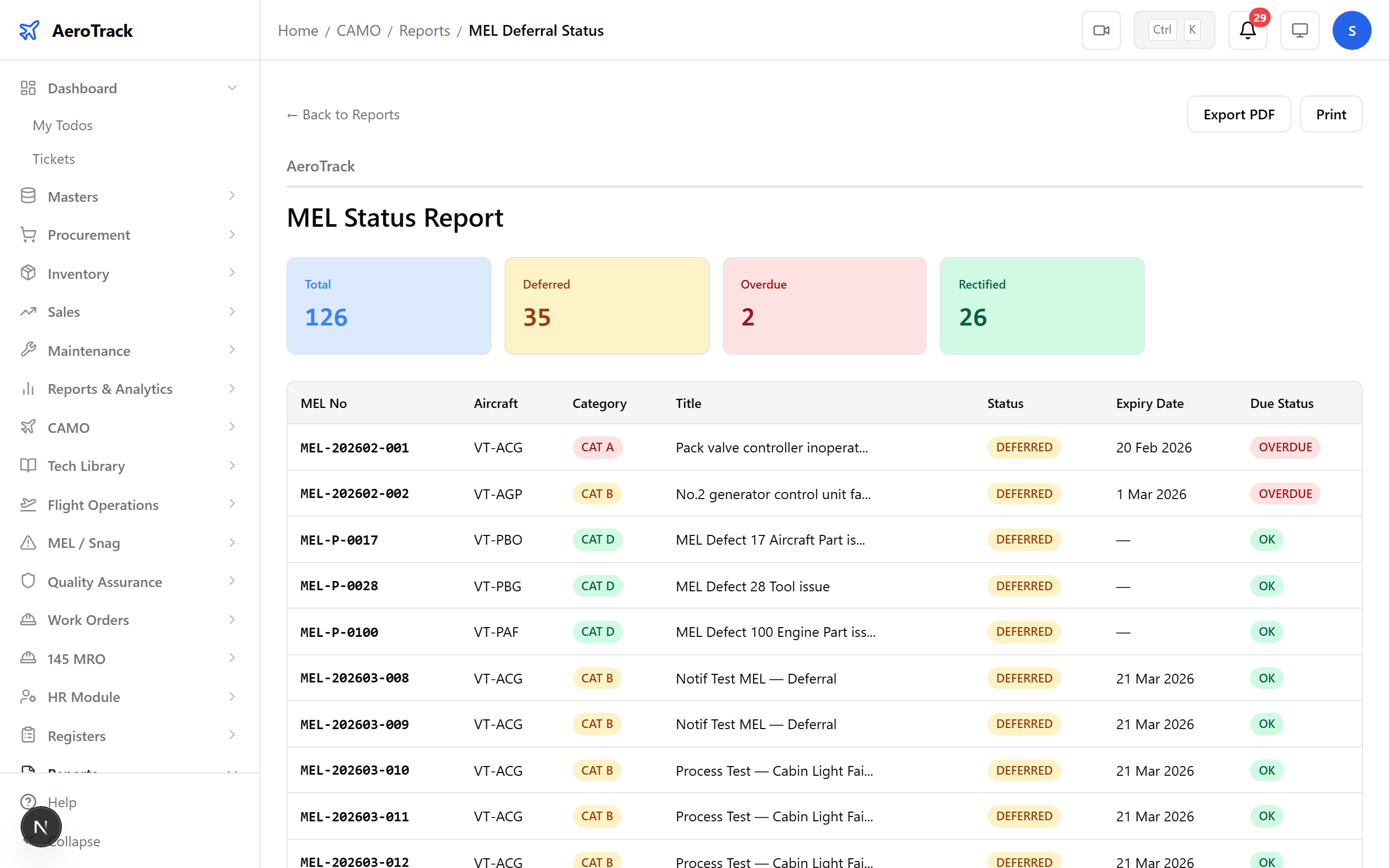 MEL Status report with deferral tracking
