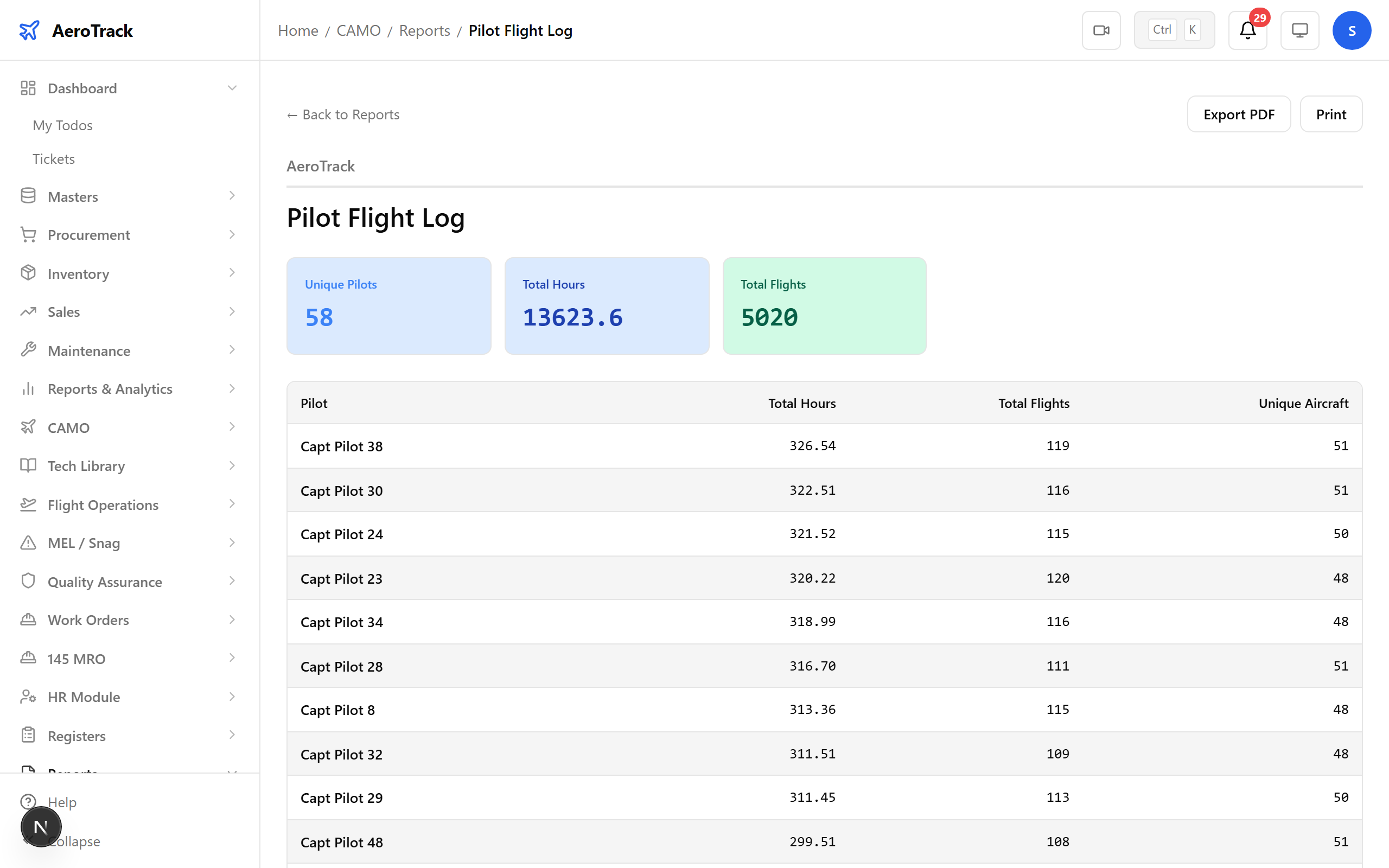 Pilot Flight Log report — one of 5 Flight Ops reports