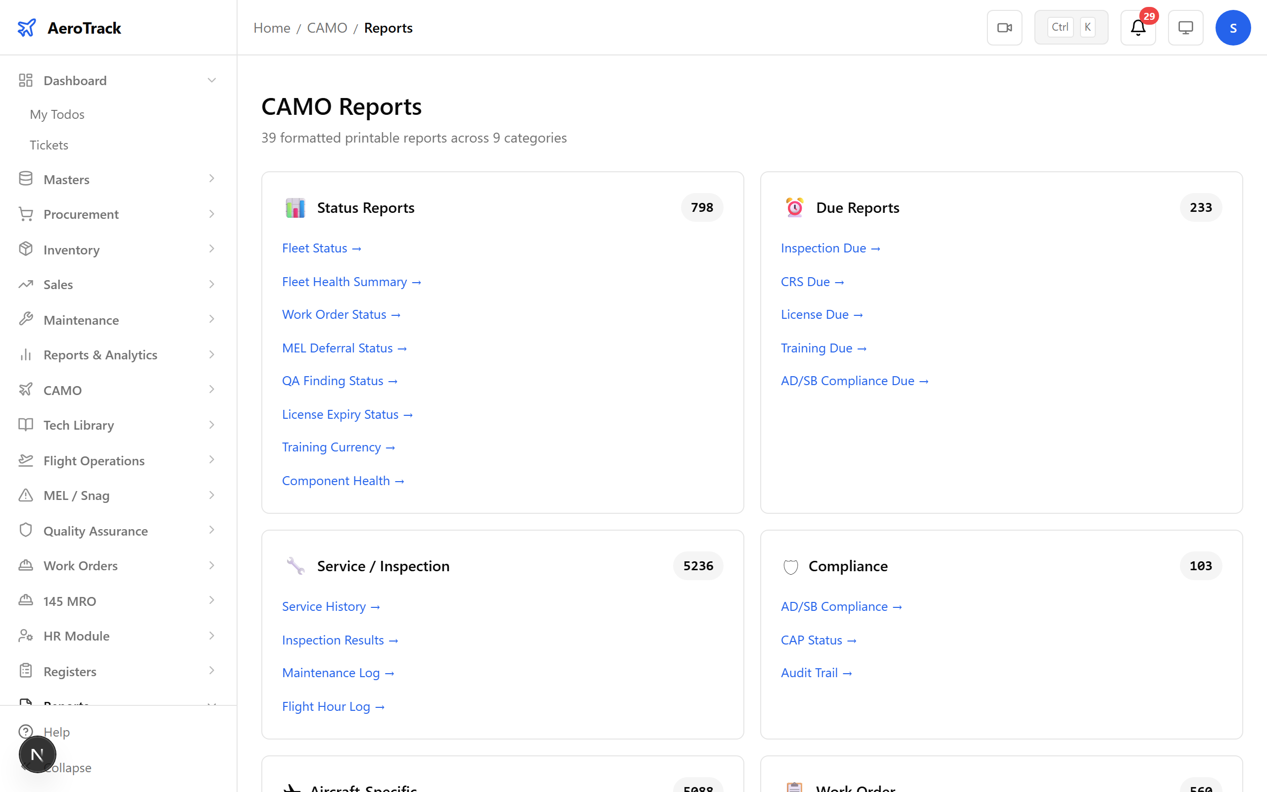 CAMO Reports index page showing 9 report categories