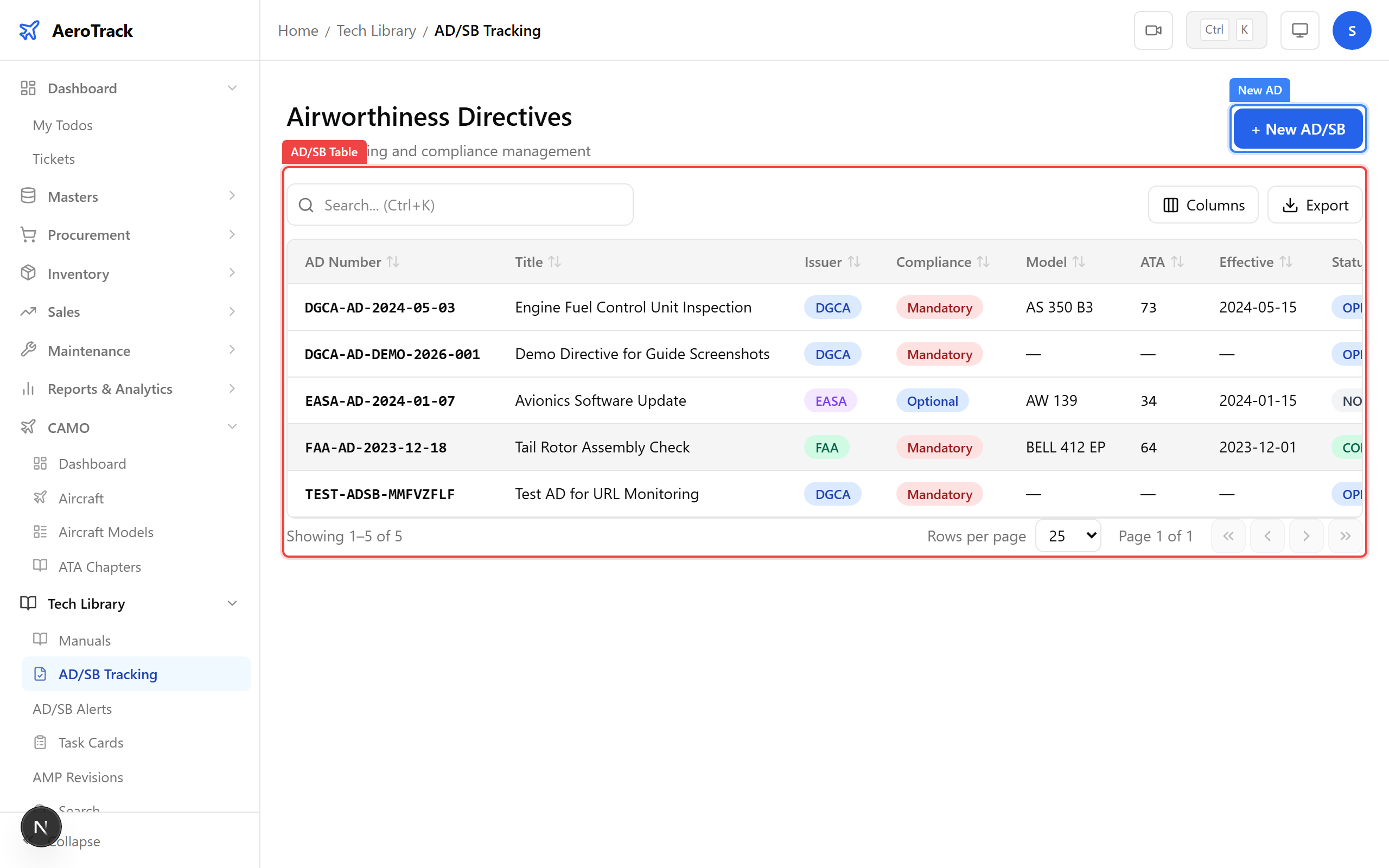 AD/SB list page with New AD button and directives table