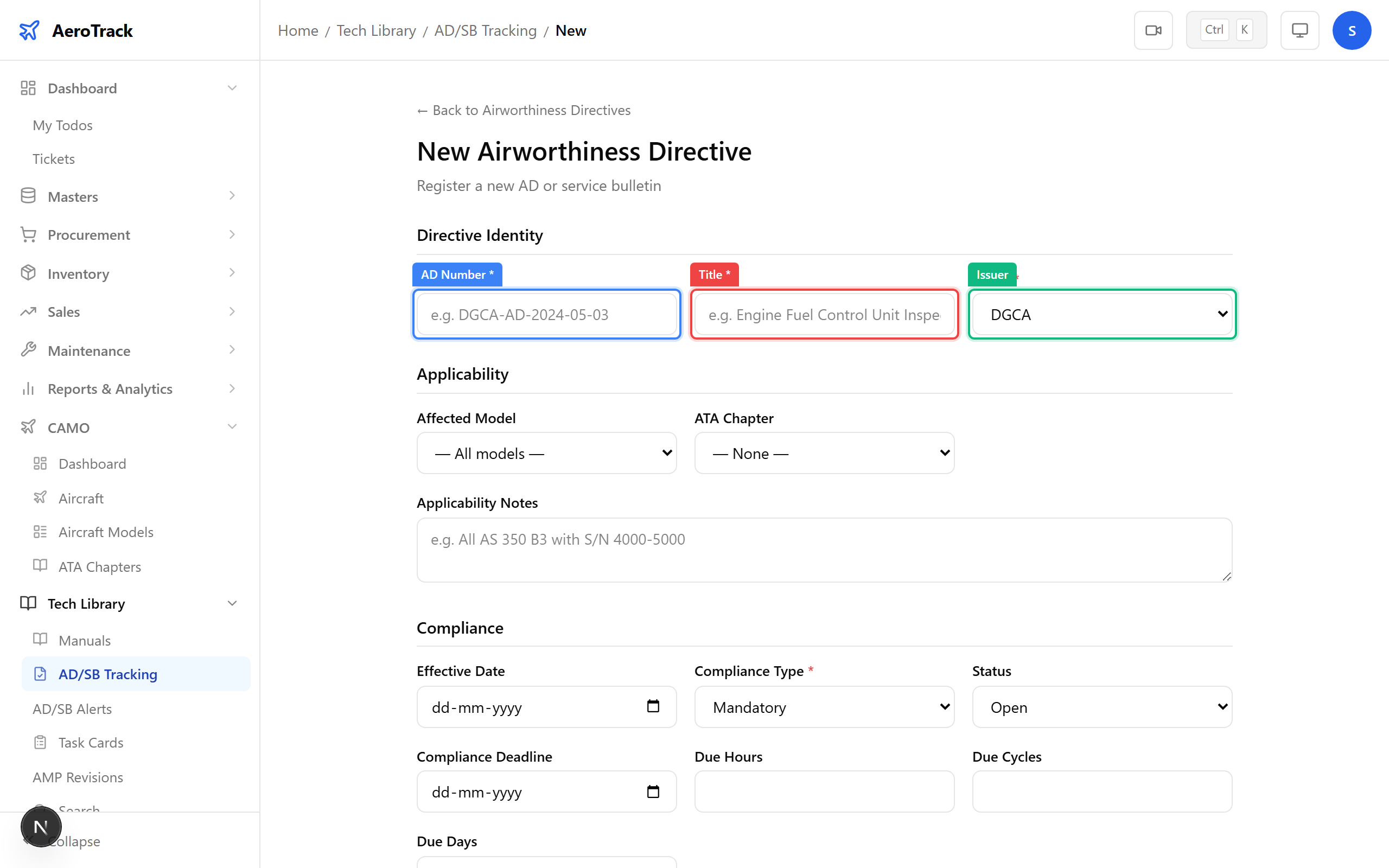Directive Identity form: AD Number, Title, Issuer