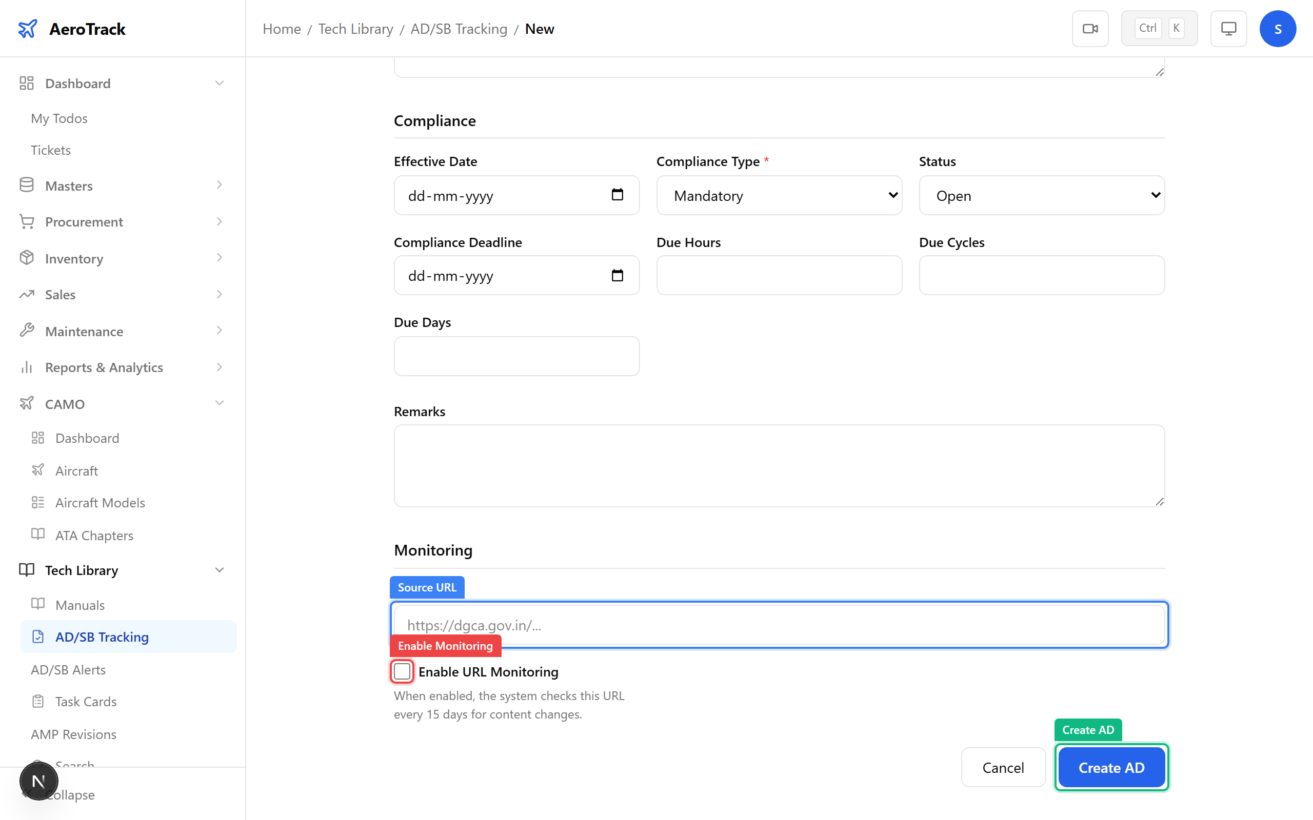 Monitoring section: Source URL, Enable Monitoring checkbox, Create AD button