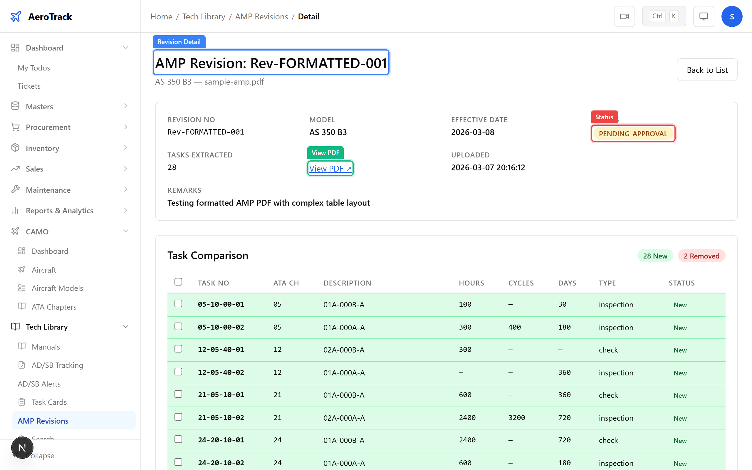 AMP revision info card with status badge and View PDF link