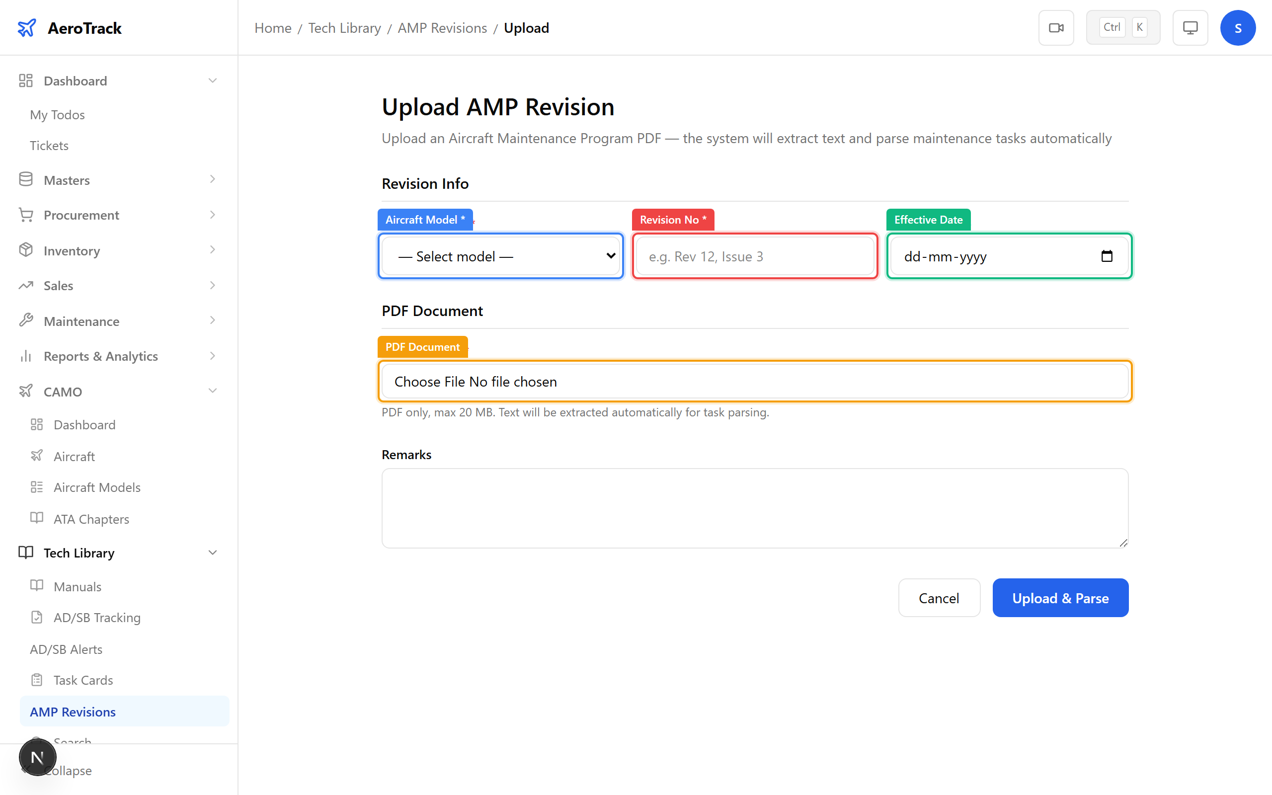 Upload form: Aircraft Model, Revision No, Effective Date, PDF file input