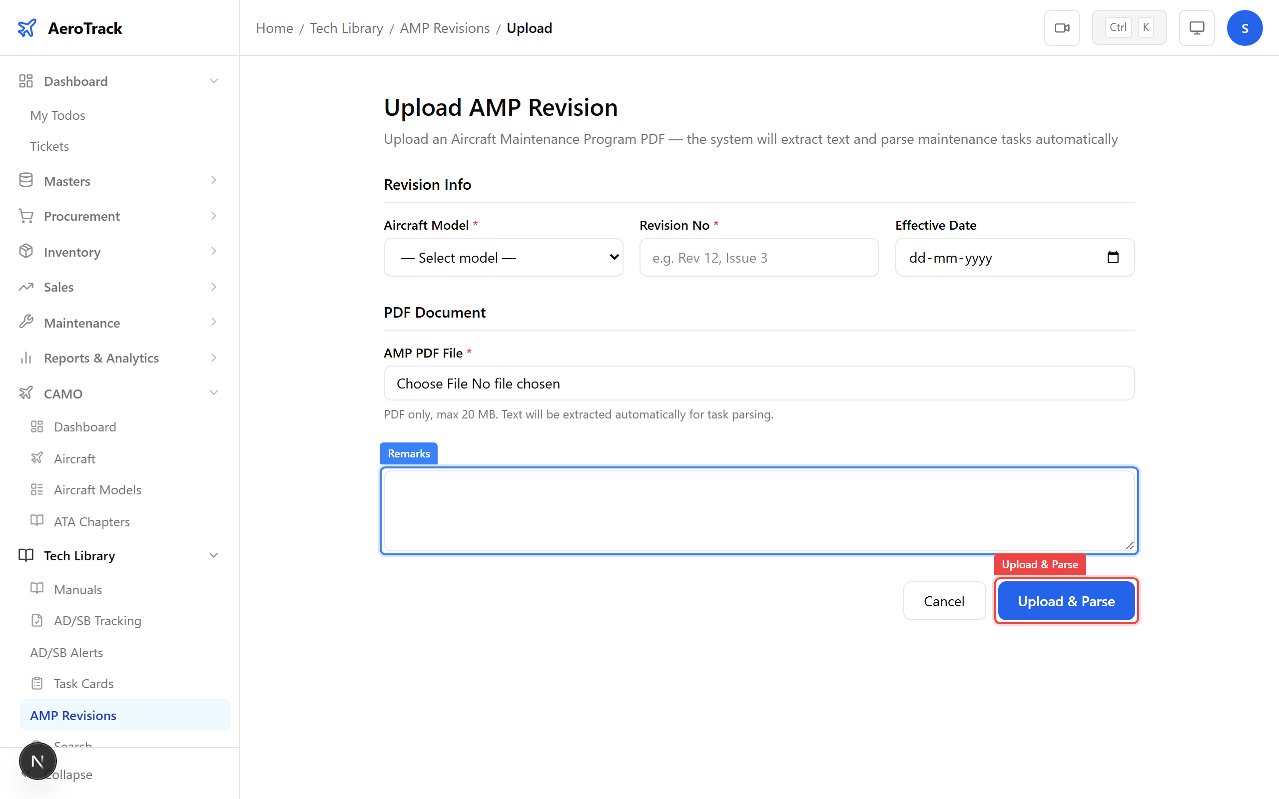 Remarks textarea and Upload & Parse button