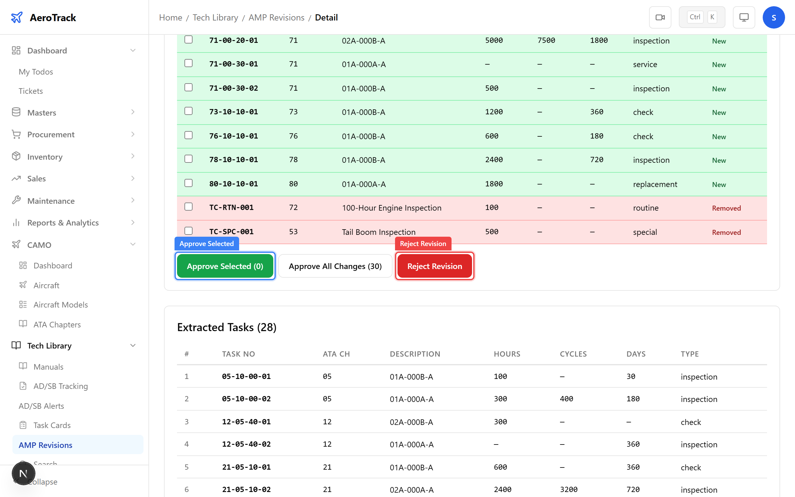 Admin controls: Approve Selected, Reject Revision buttons
