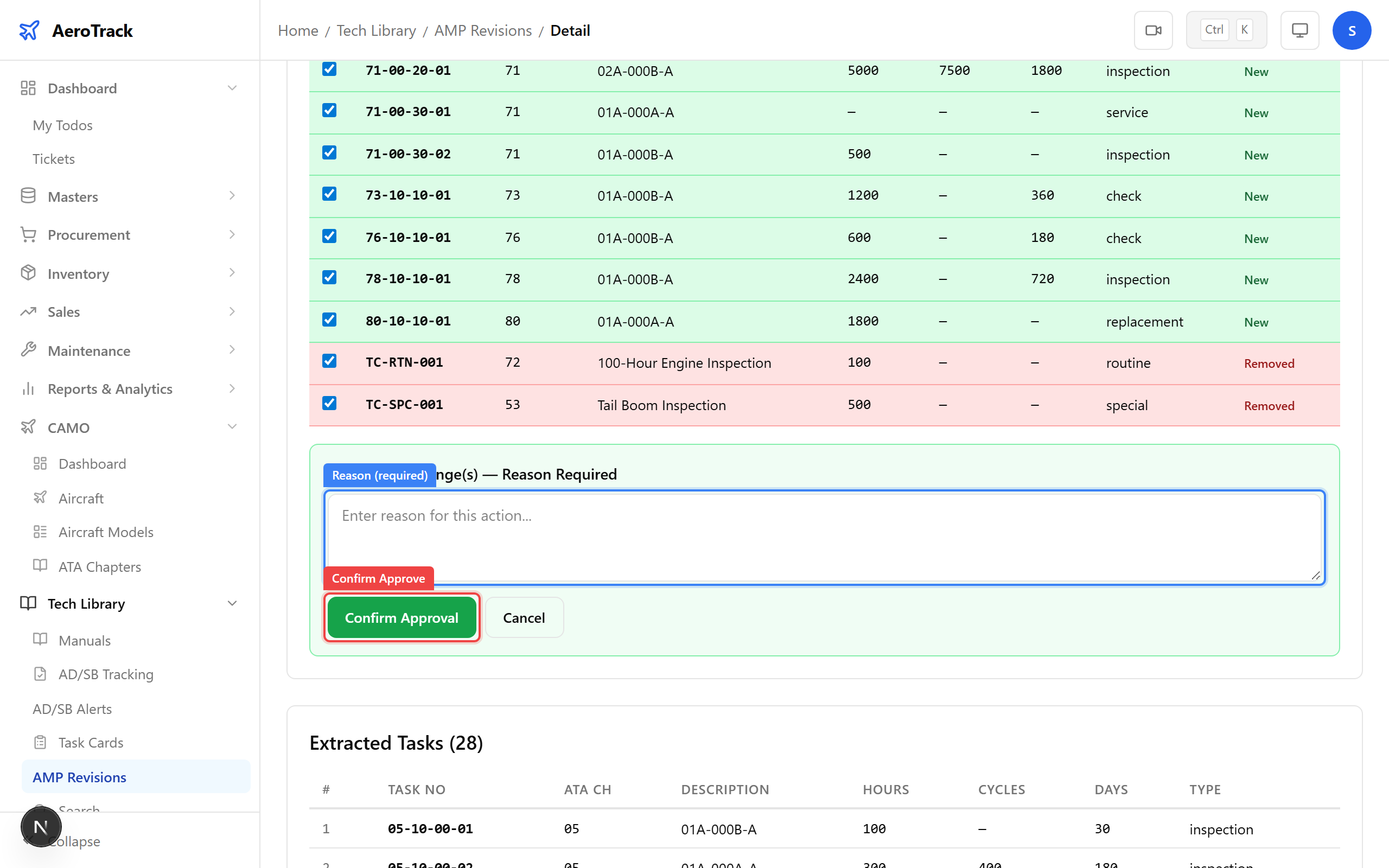 Approval reason dialog with textarea and Confirm Approve button