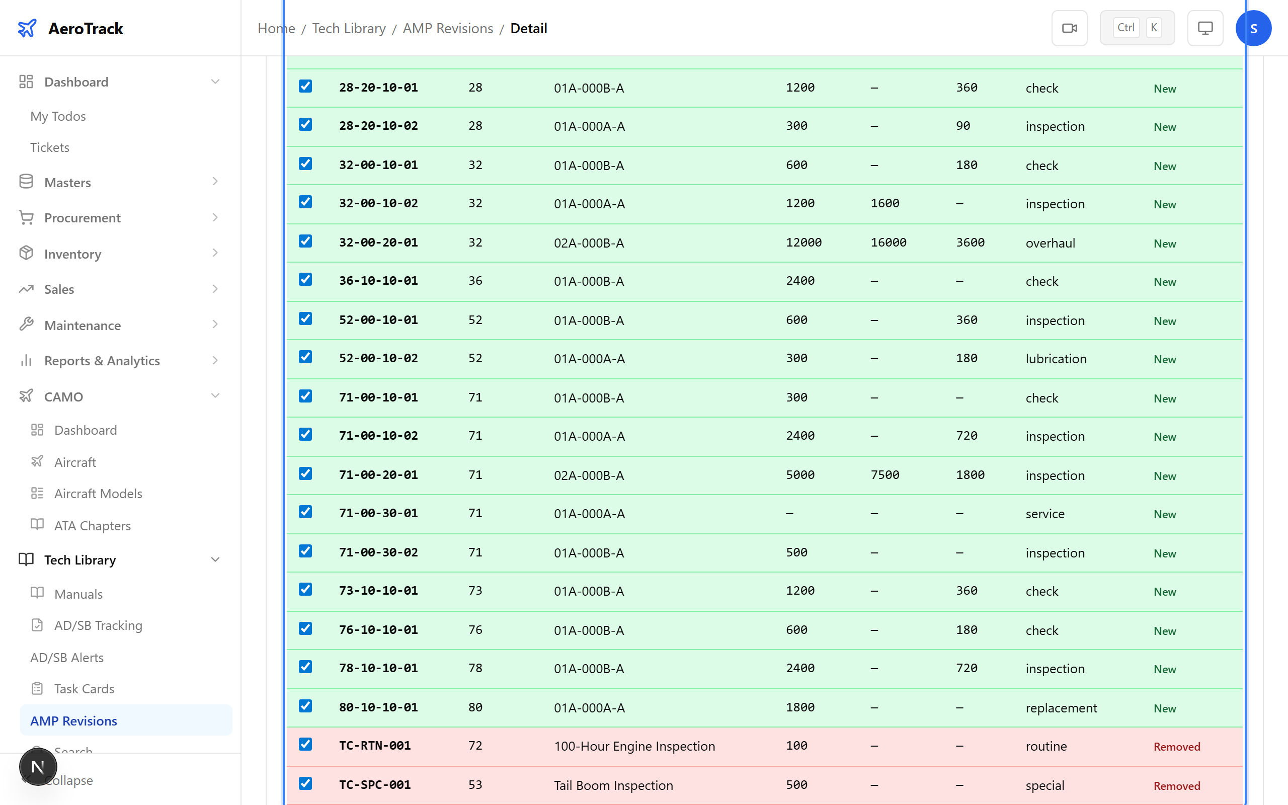 Diff table with checkboxes and Select All button