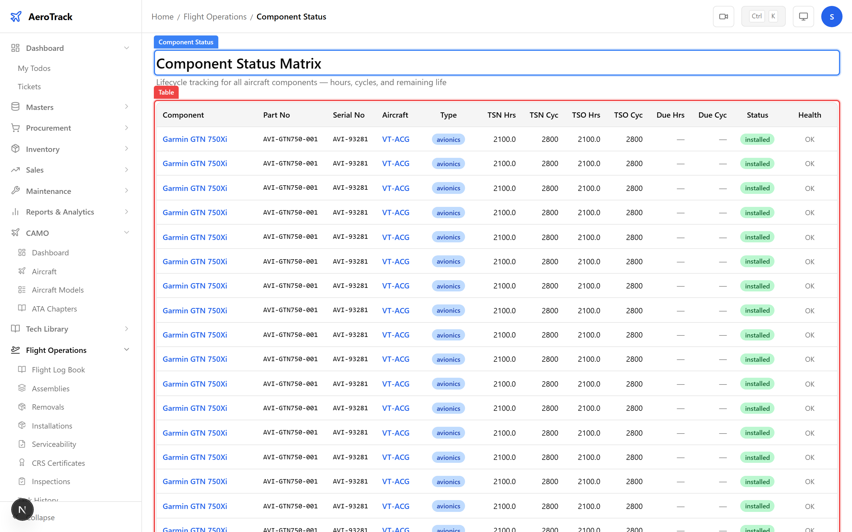 Aircraft components page showing table with type, name, part number, serial number, TSN hours, and status