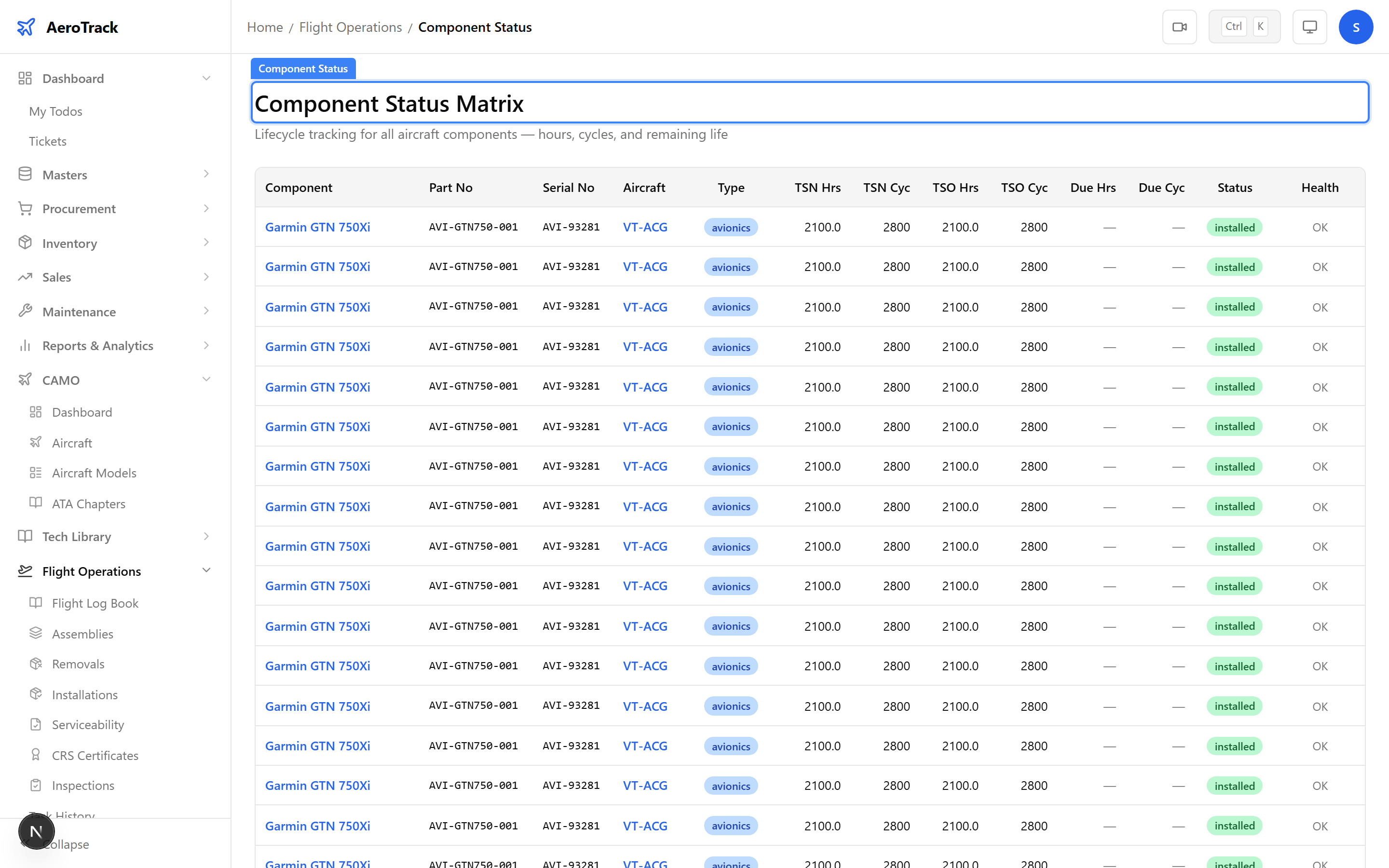 Add Component button and inline form for entering component type, name, part number, serial number, and life limits