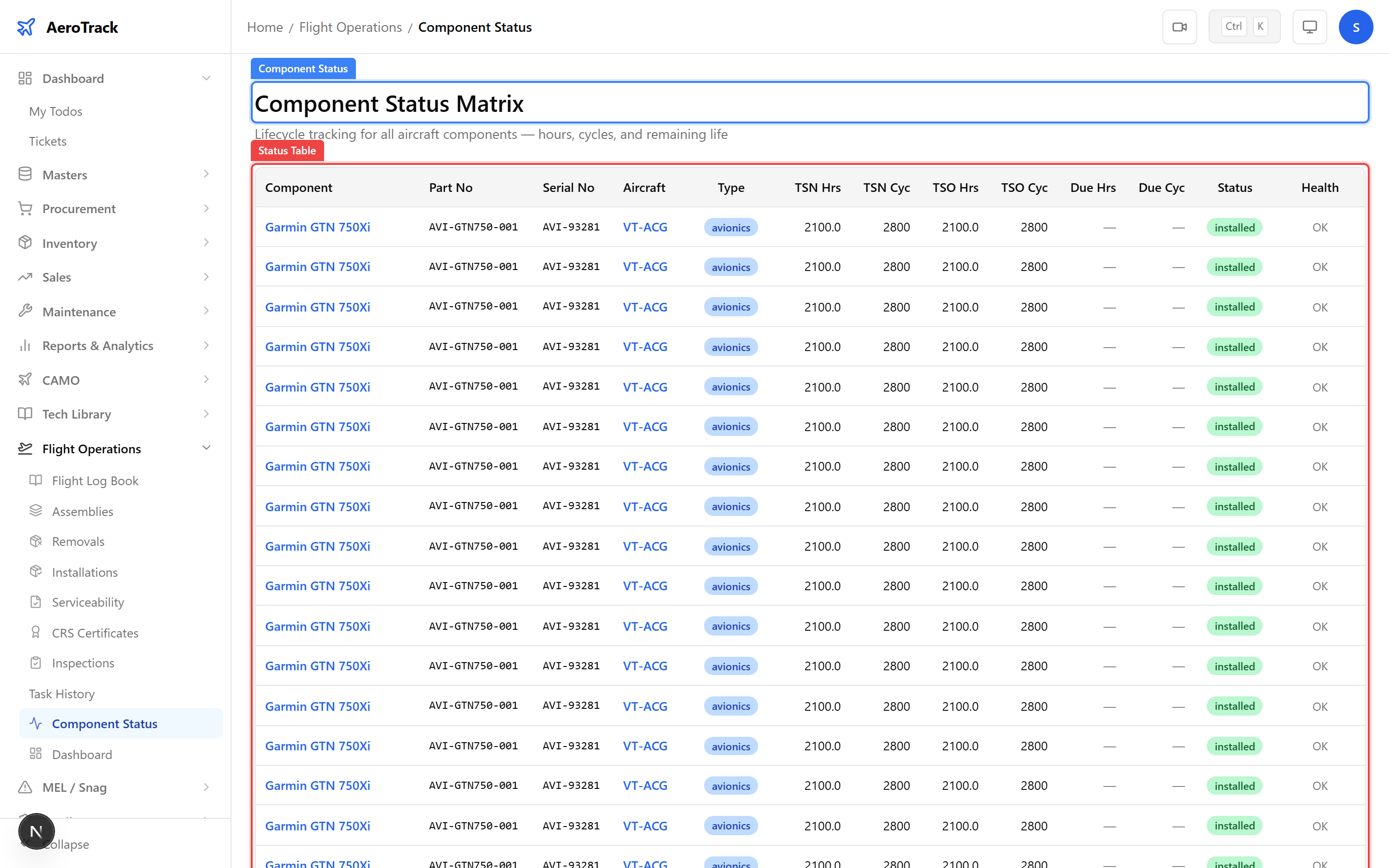 Component Status table showing part numbers, serial numbers, aircraft, remaining hours, and OK/Coming Due/Exceeded status badges