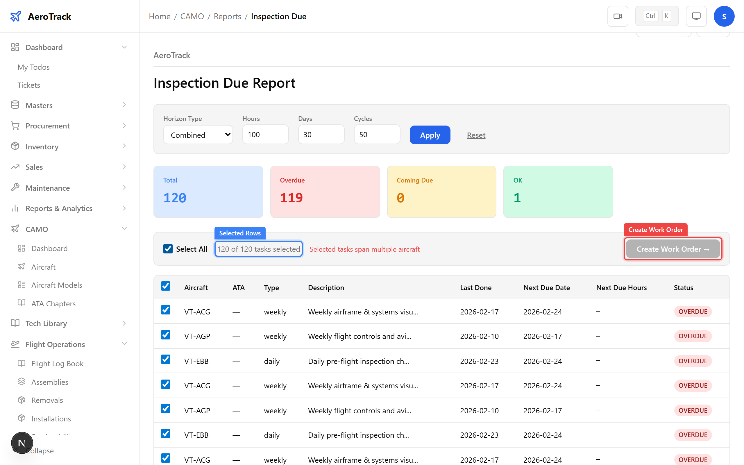 Selected rows with count badge and Create Work Order button