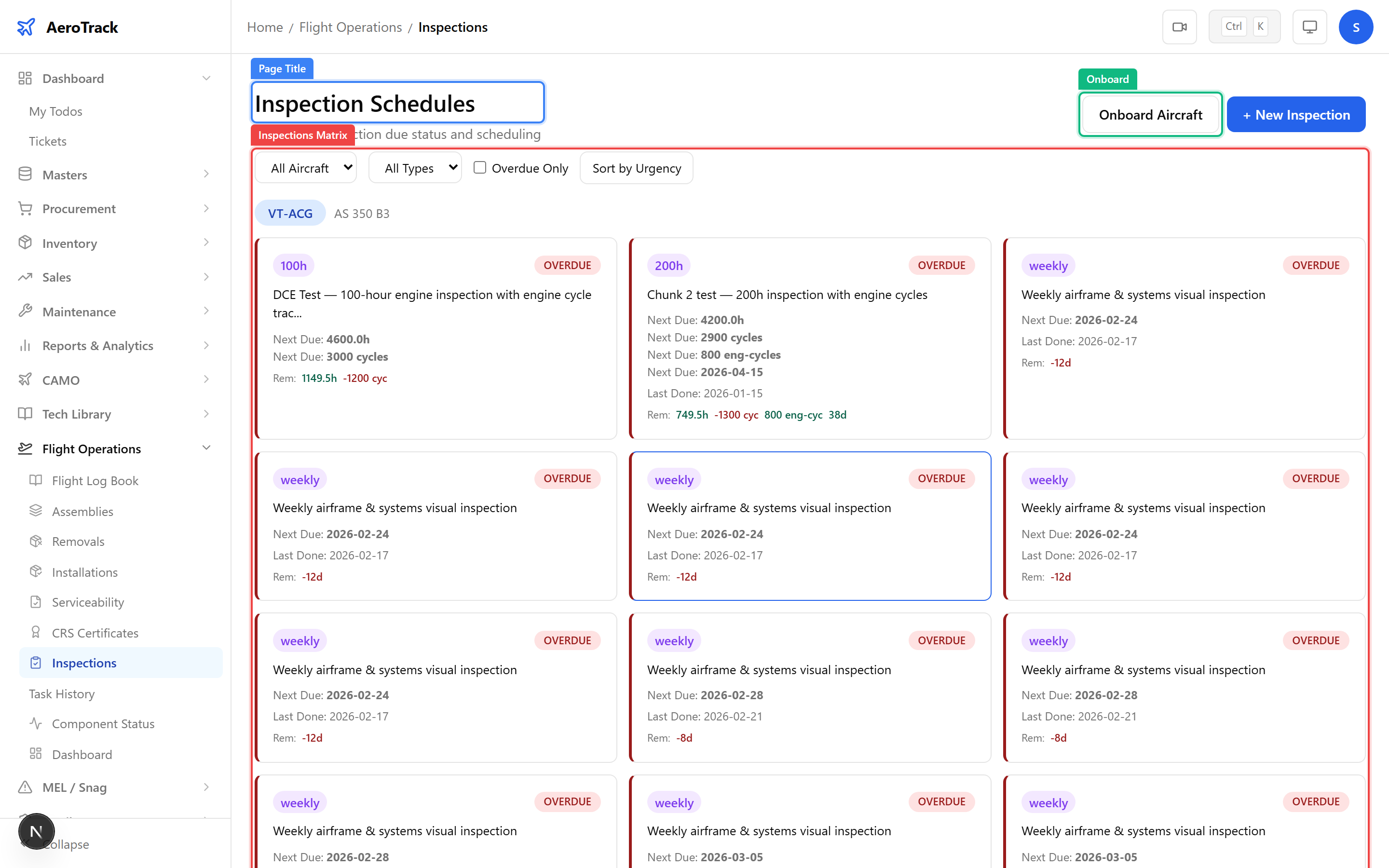 Inspections matrix showing all scheduled inspections with colour-coded due status badges