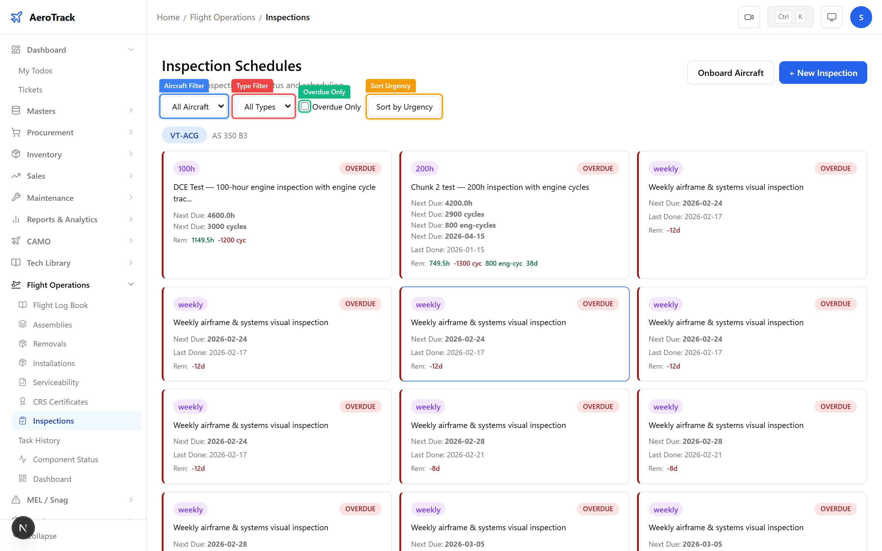 Inspection matrix filter controls — aircraft dropdown, type filter, overdue toggle, and urgency sort