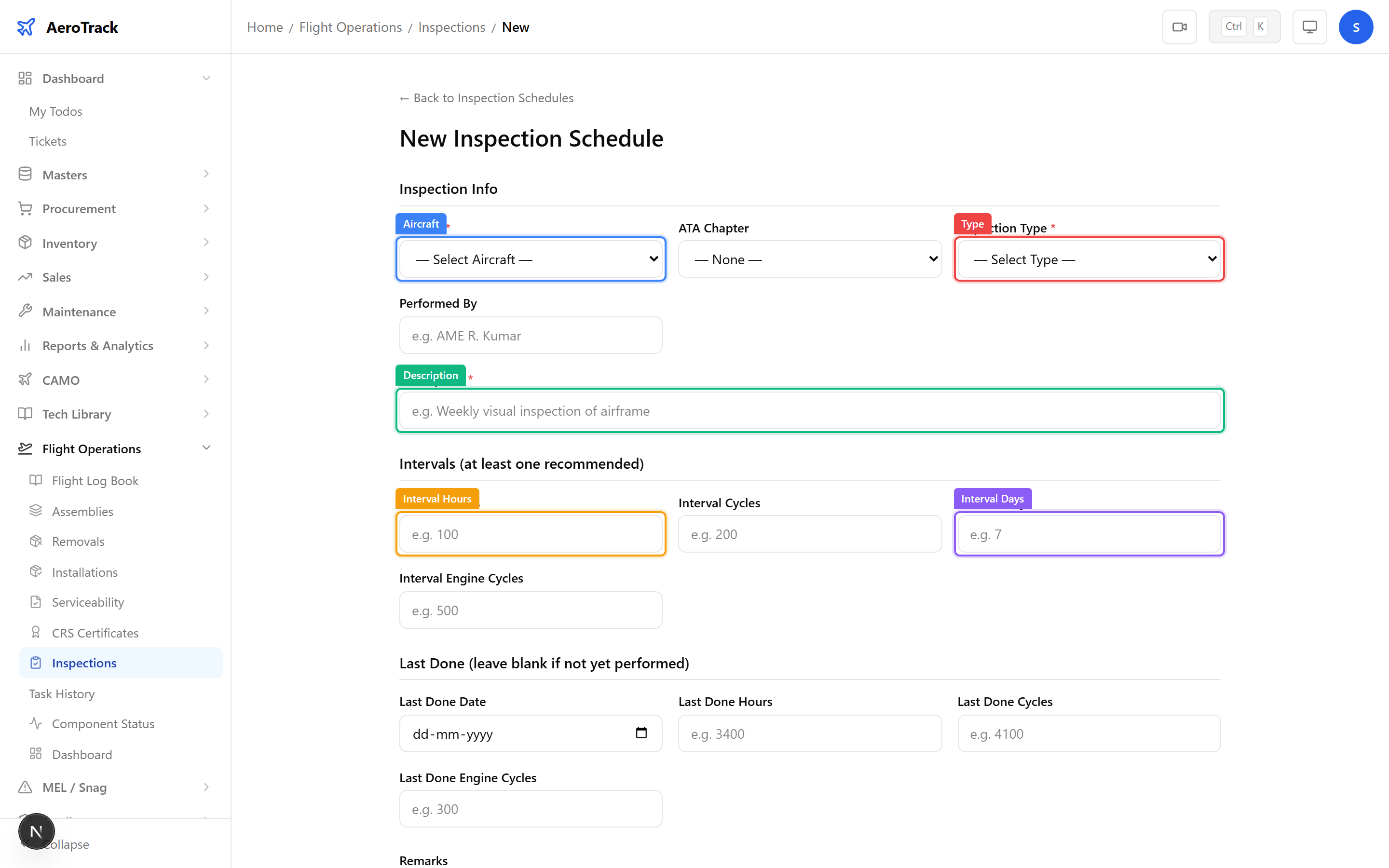 New inspection form showing aircraft, ATA chapter, type, and description fields