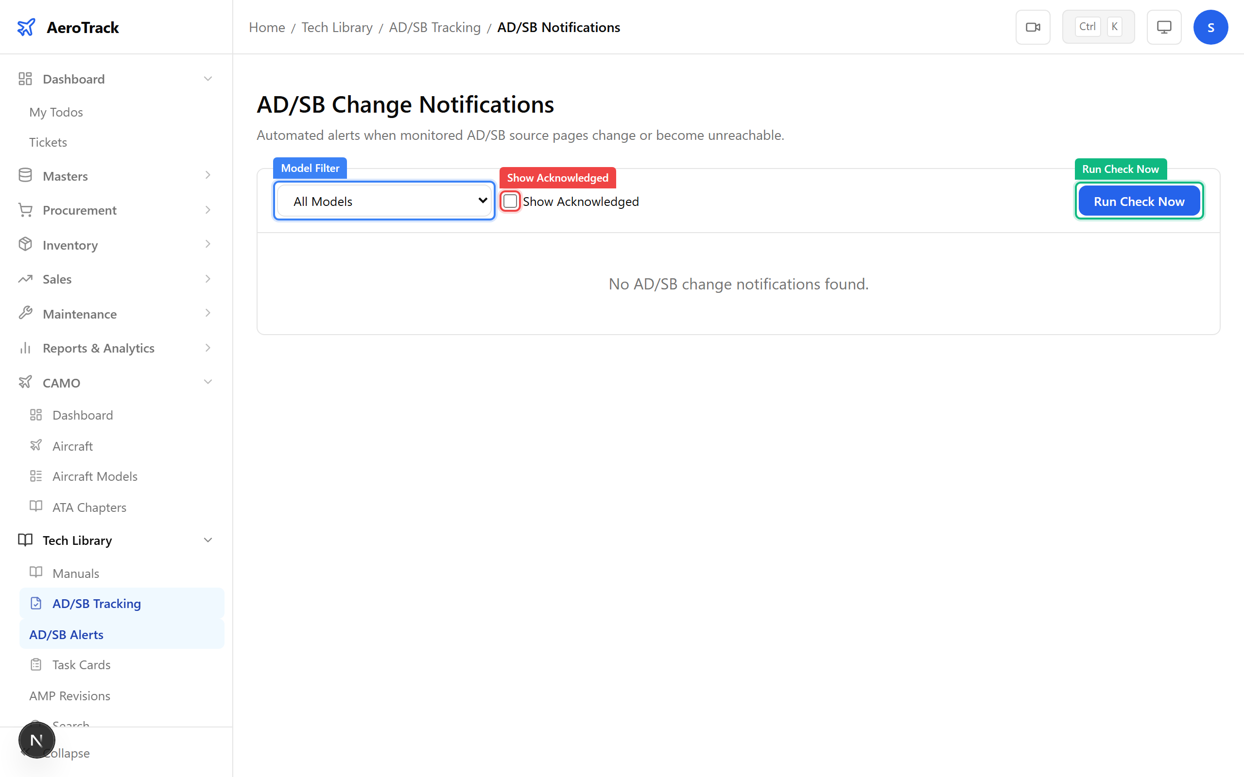 Model filter dropdown, Show Acknowledged checkbox, Run Check Now button