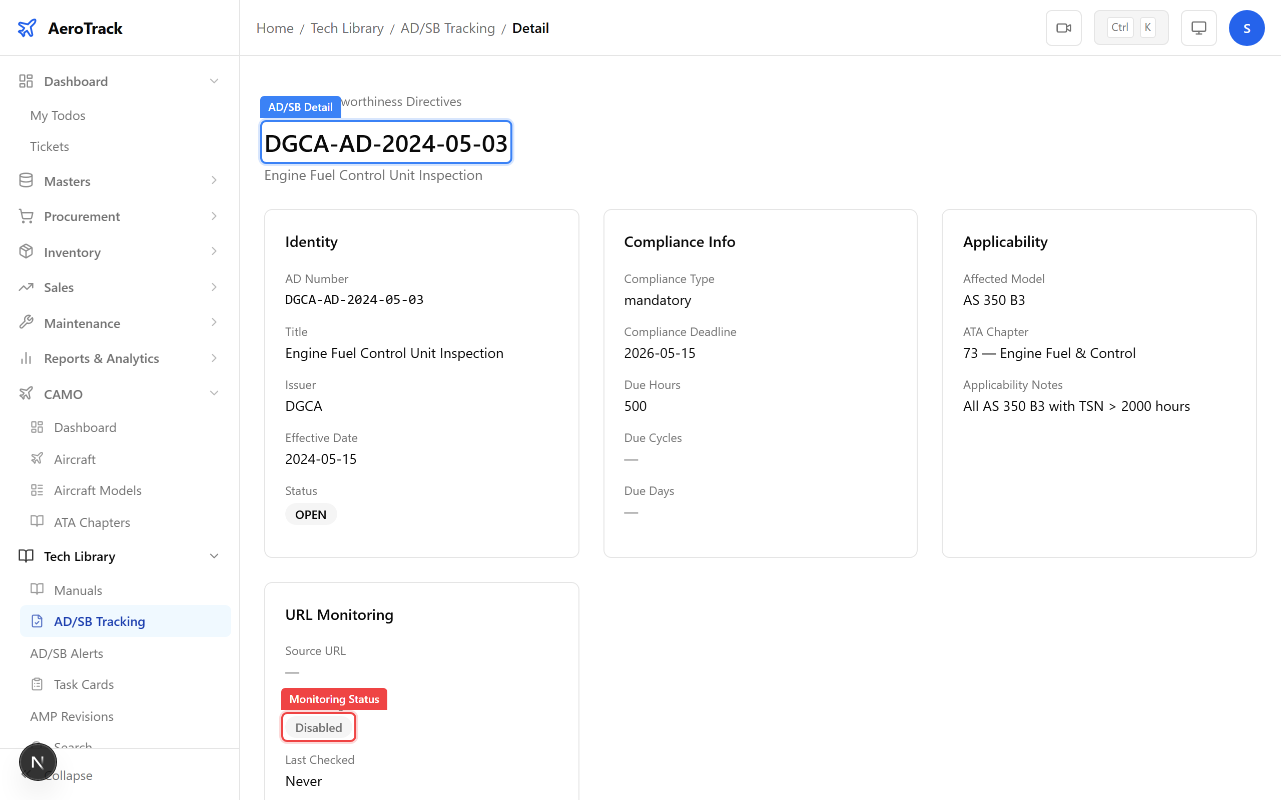 AD/SB detail page with Source URL link and Monitoring badge