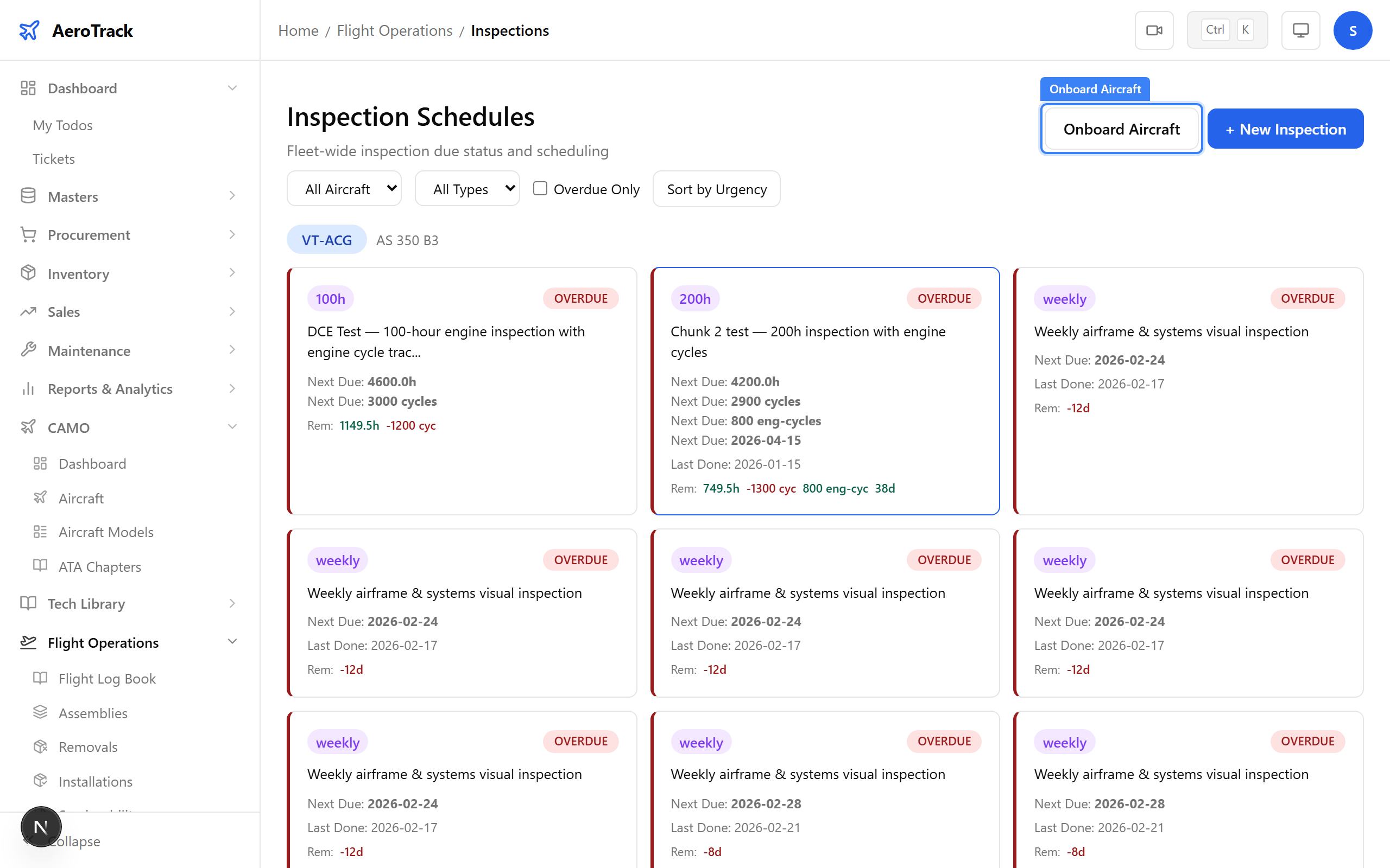 Inspections page with Onboard Aircraft button