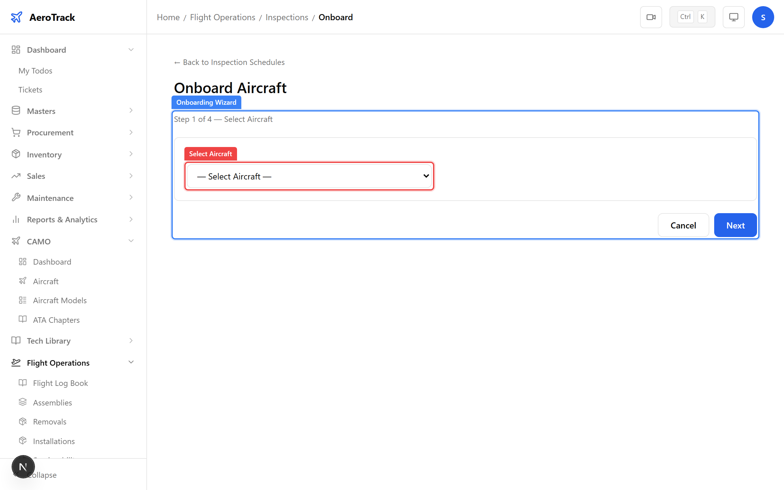 Onboarding wizard with aircraft selection dropdown