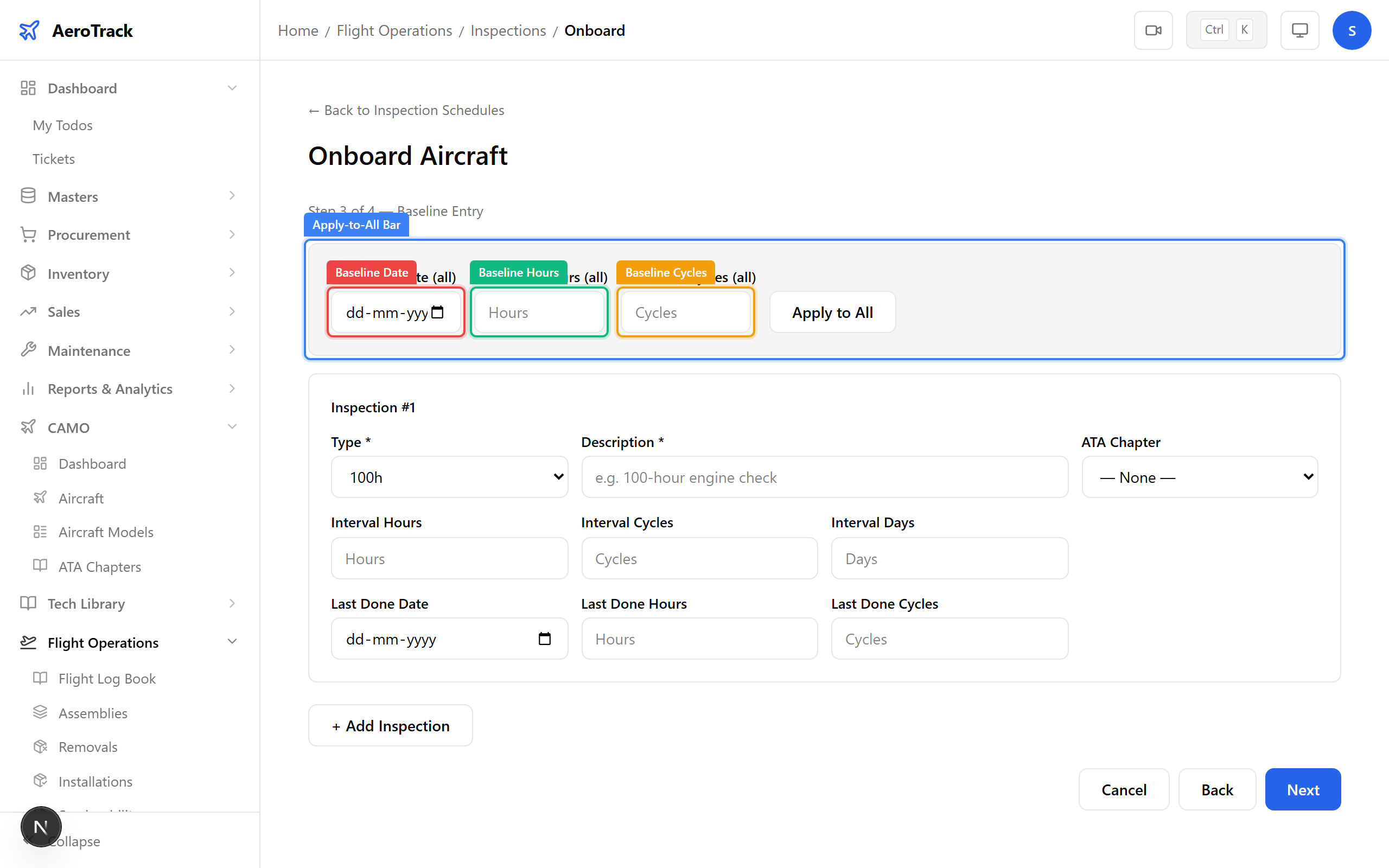 Apply-to-All bar with baseline date, hours, and cycles fields