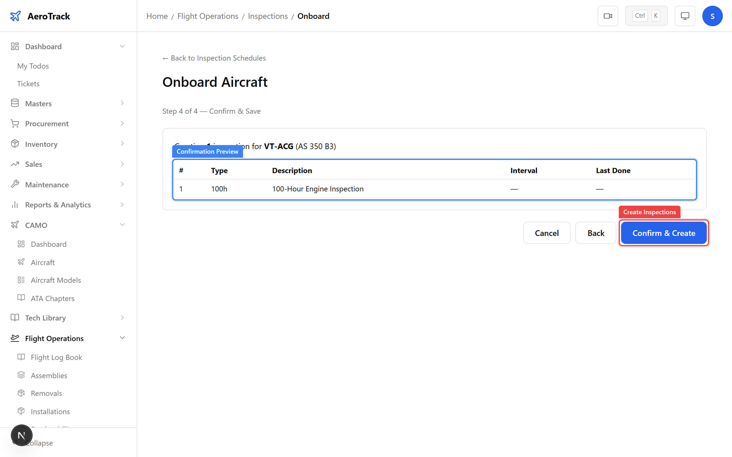 Confirmation screen with preview table and Create Inspections button