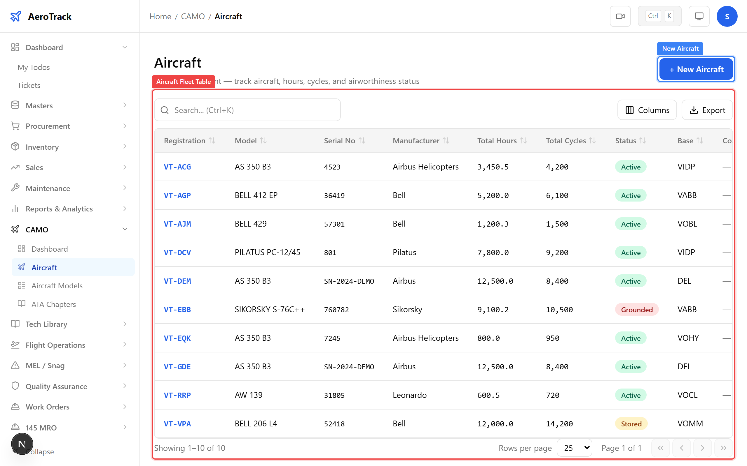 Aircraft list page with New Aircraft button and fleet table