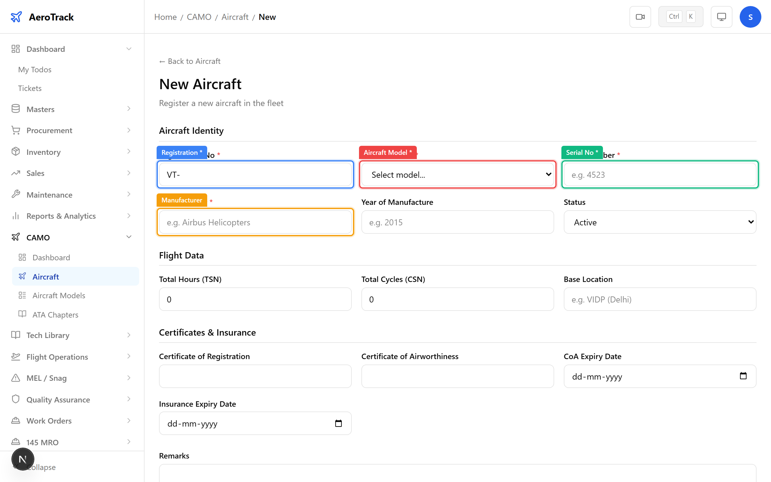 Aircraft Identity form fields: Registration, Model, Serial No, Manufacturer